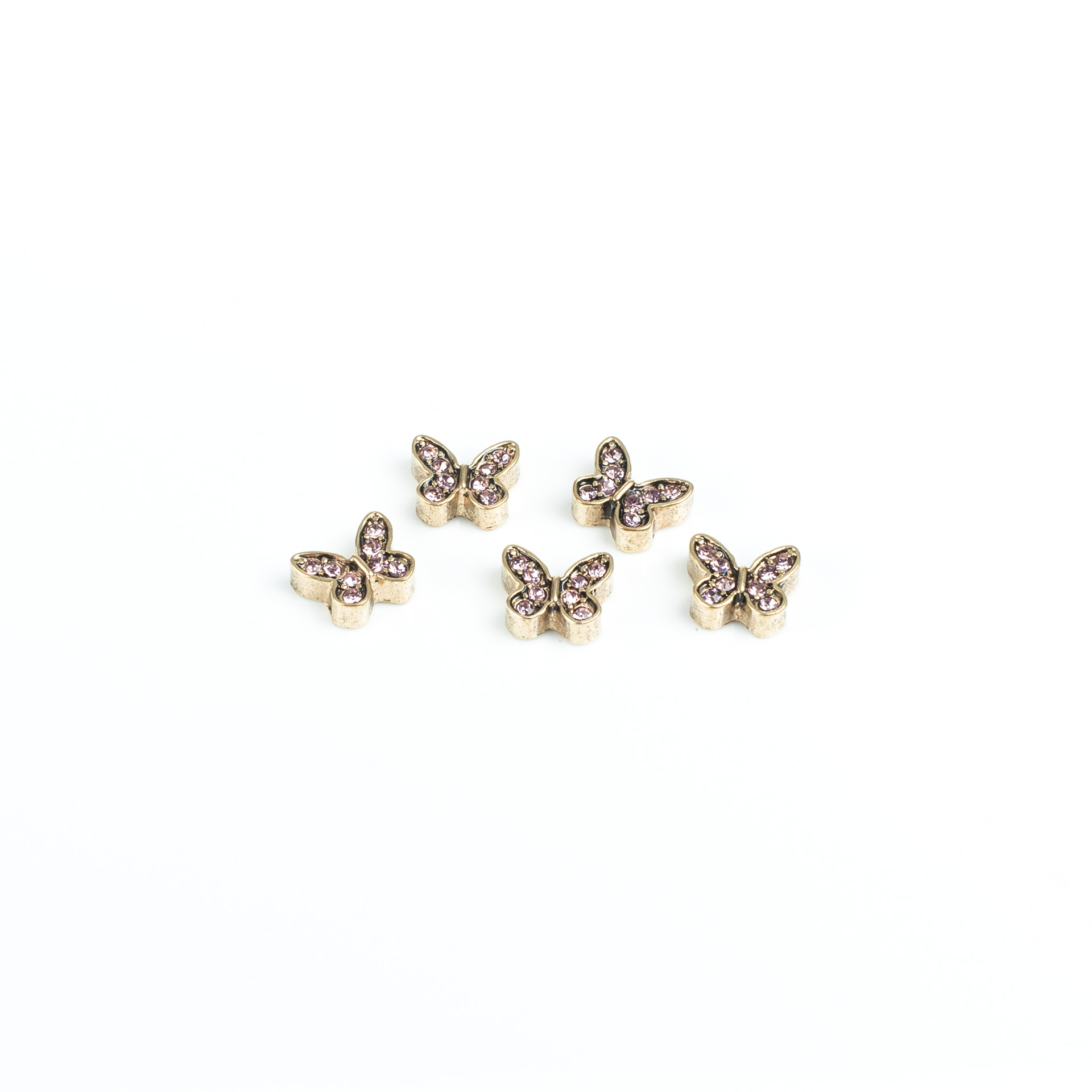 "Medaillon" Metall beads gold colored, butterfly with glittering stones - set of 10 pieces