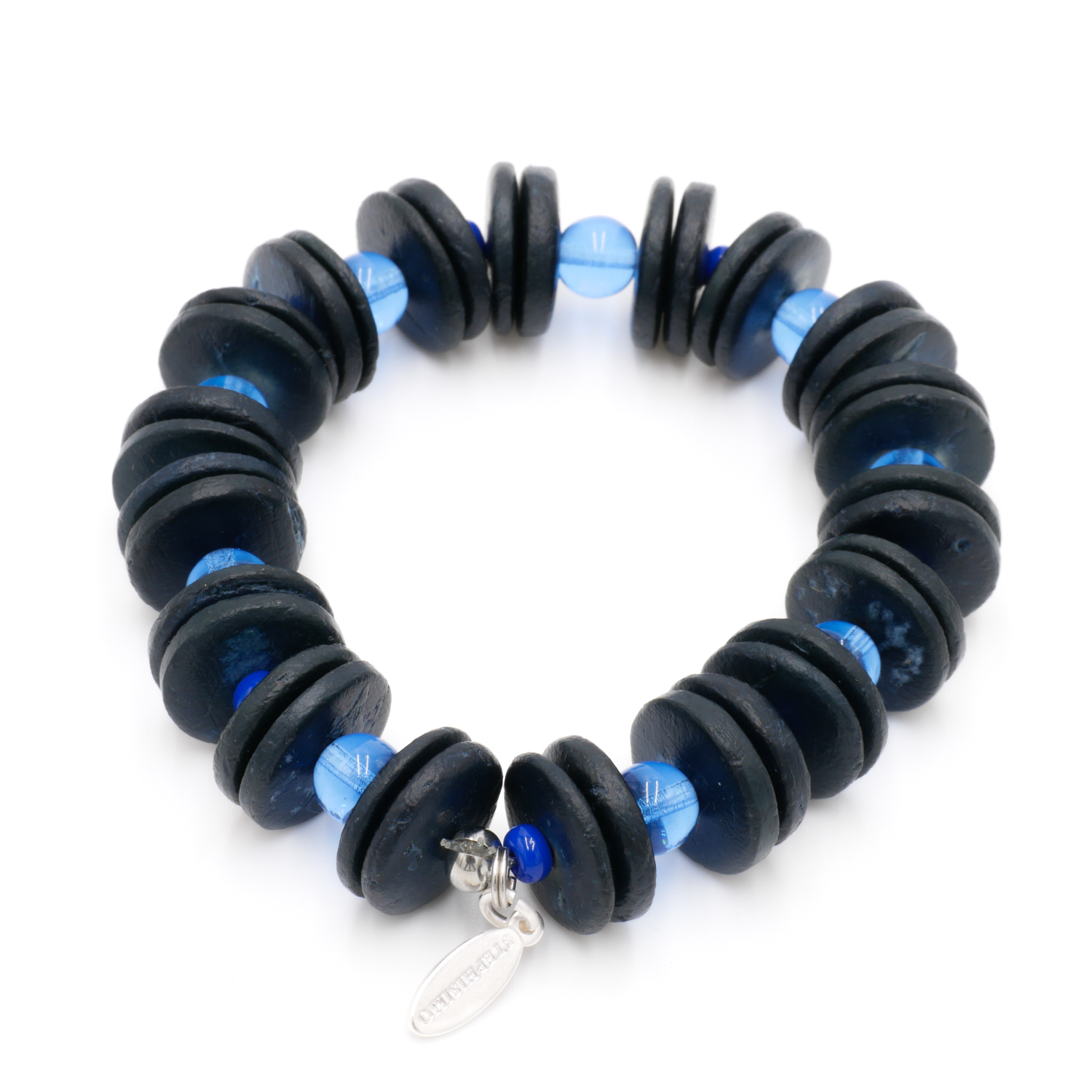 "Fine Bead Art" Armband "Coco" aus Kokosholzscheiben und Glasperlen, blau
