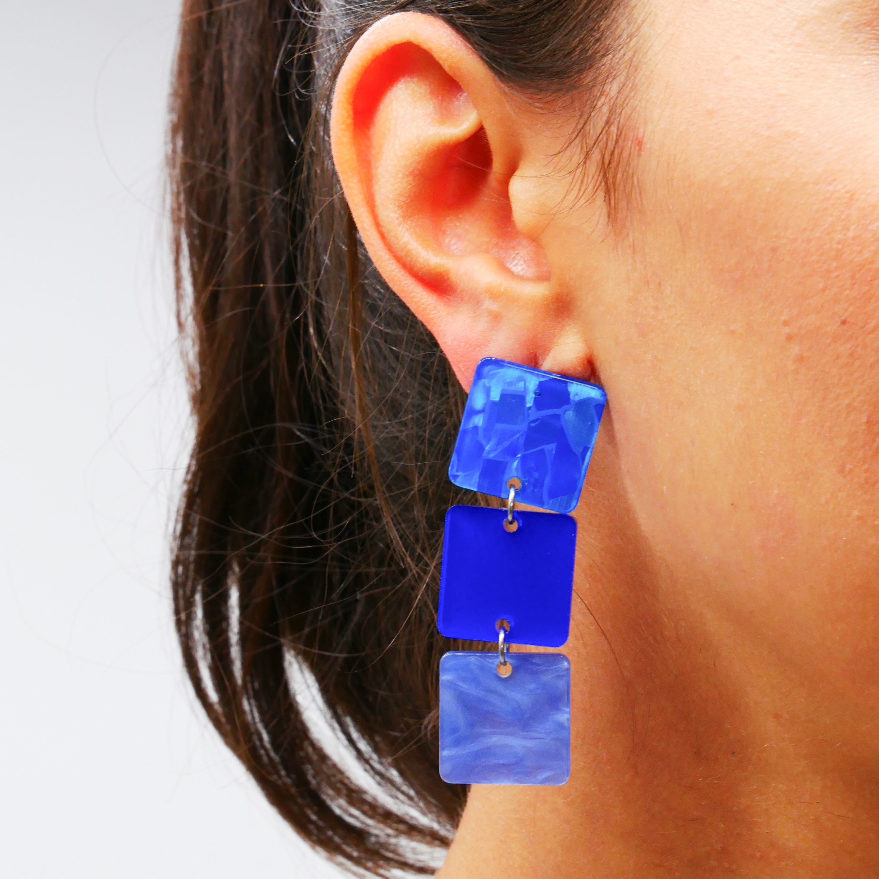 "Color Explosion", stud earrings 3 flat squares 20 mm blue "Color Explosion", stud earrings 3 flat squares 20 mm blue