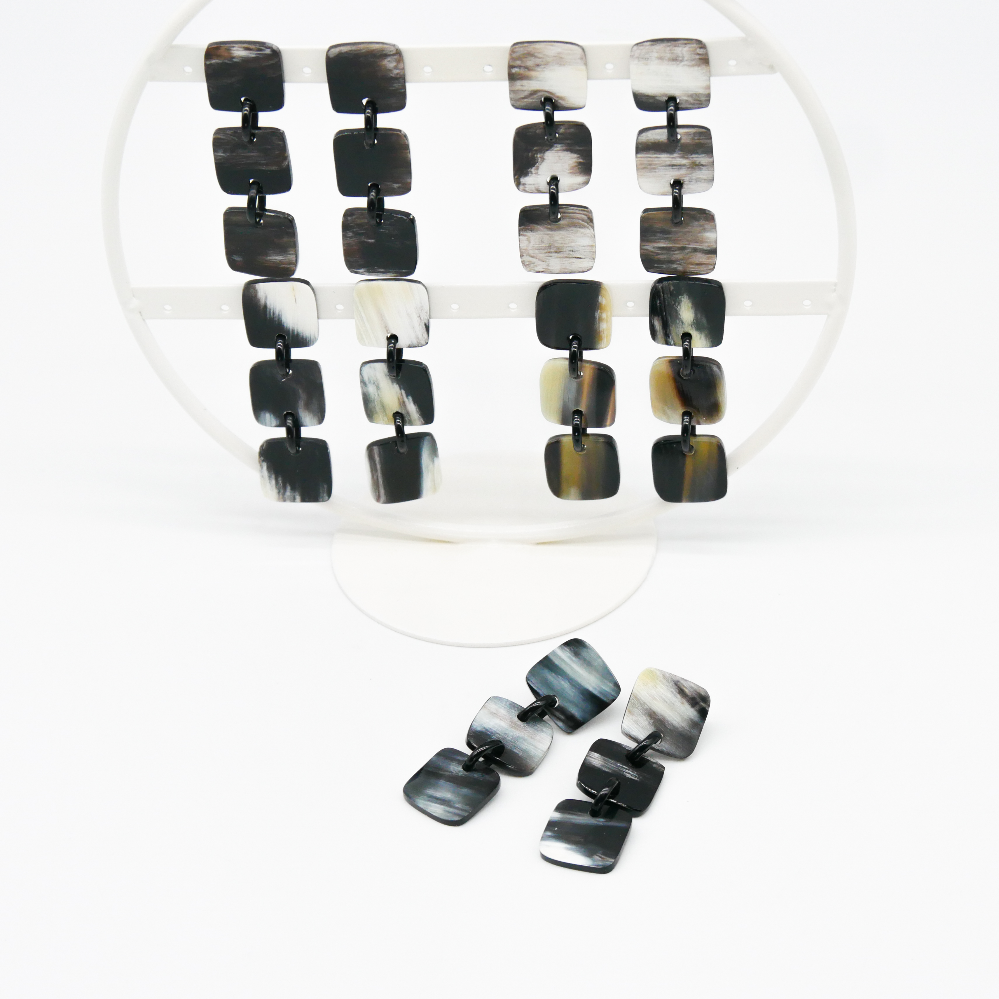 Horn earrings, squares, black-white african horn