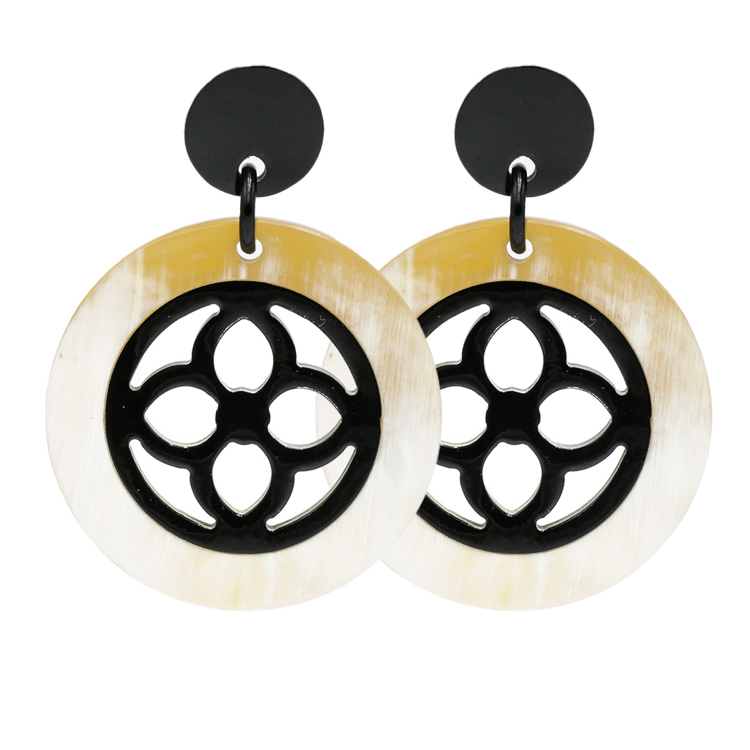"Art Craft"  earrings with round pendant made of white and black buffalo horn, 