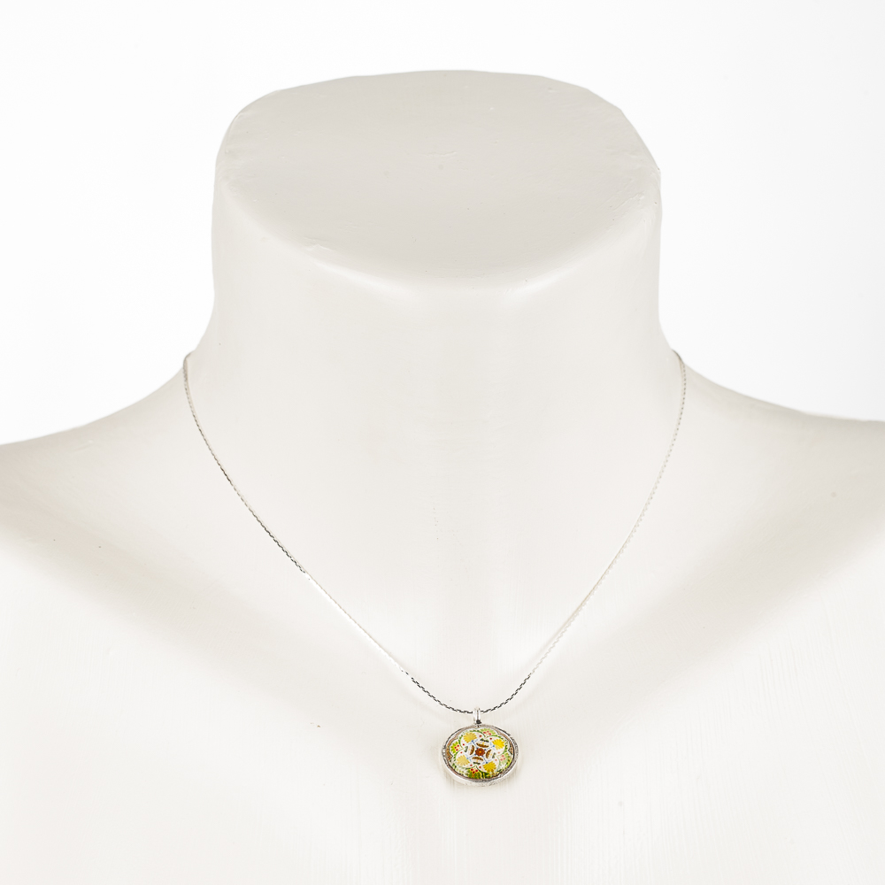 Necklace "Mandala", short, dainty, with glass pendant, green-mustard