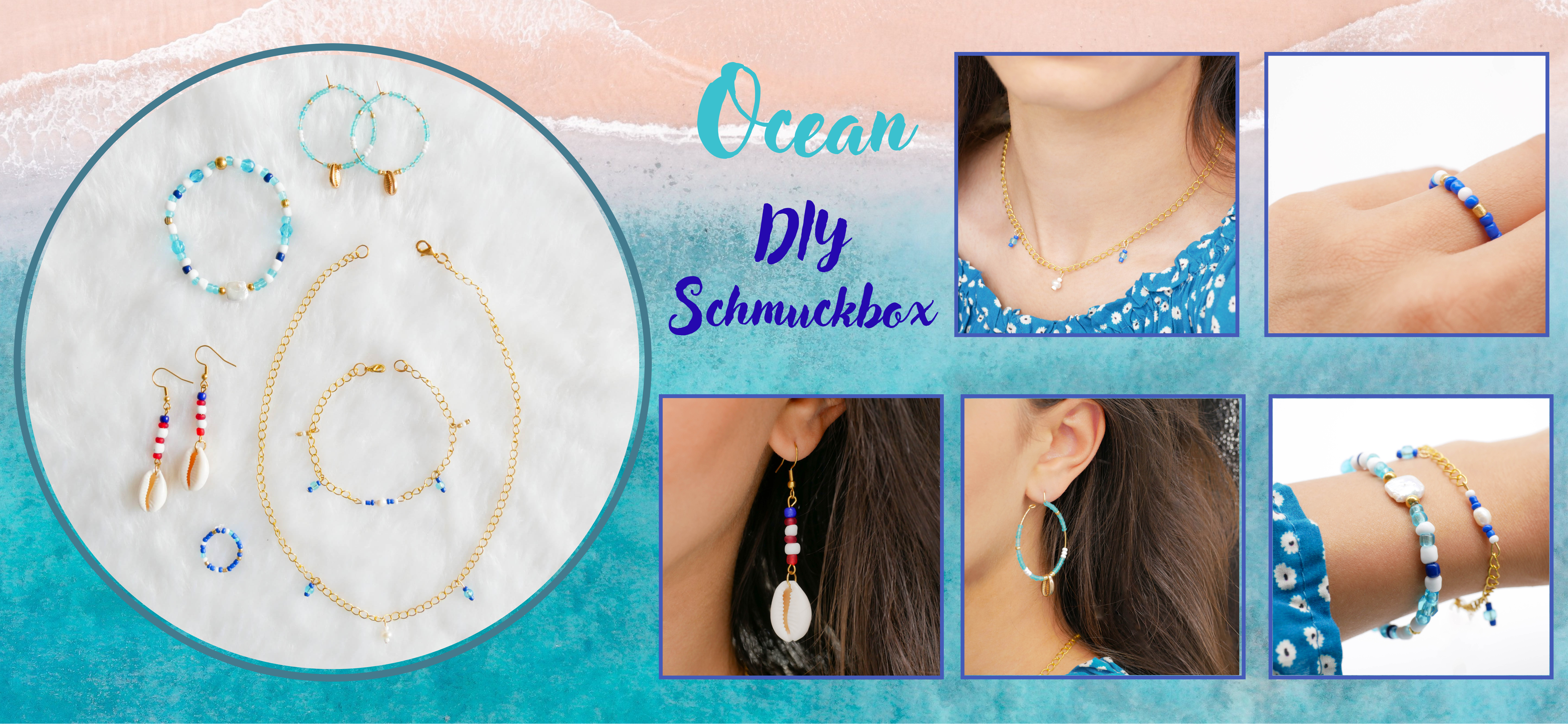  DIY Schmuckbox, Ocean, maritime Töne 1x Kette, 2x Armband, 2x Ohrring, 1x Ring 