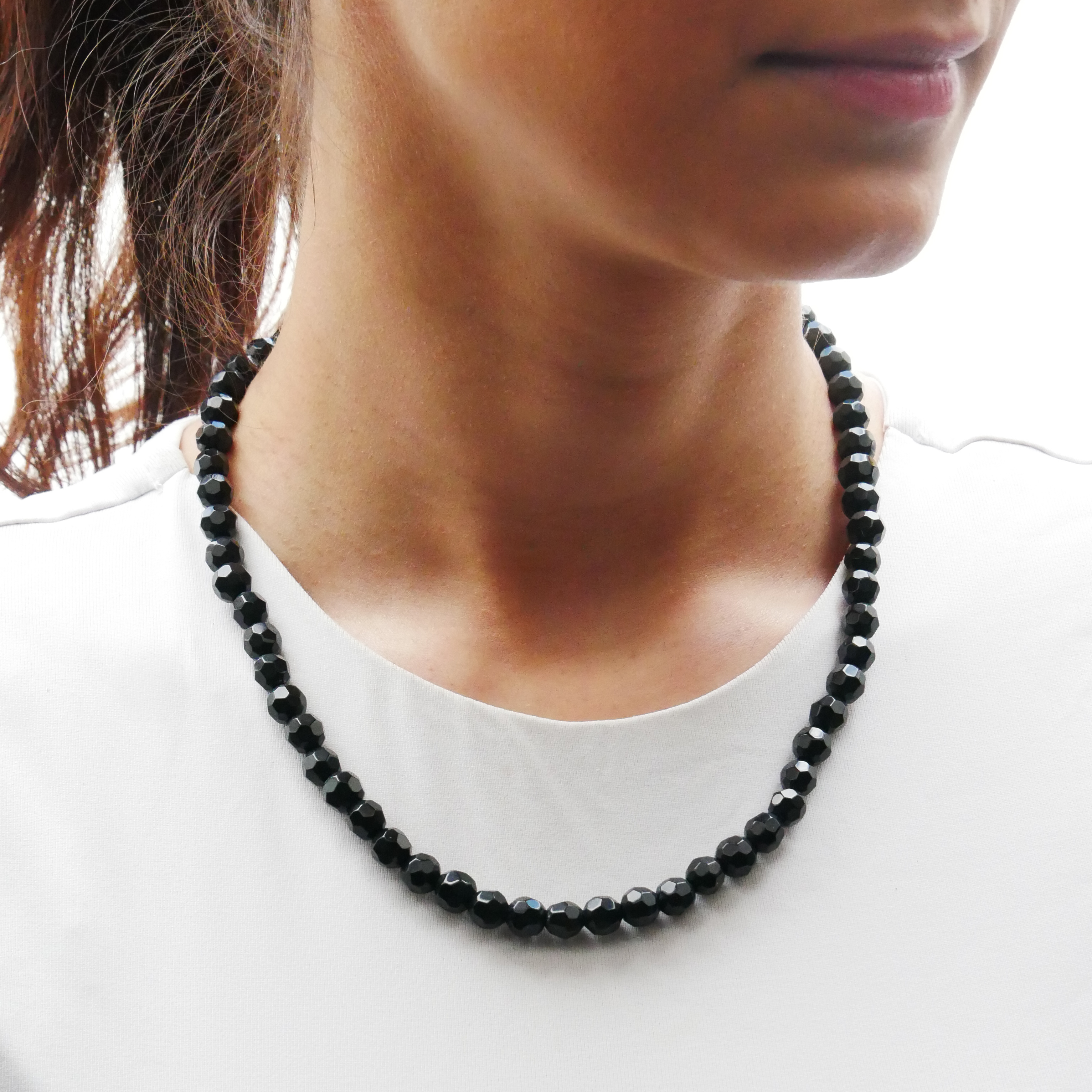  "Jet Schmuck" Kette ca. 45 cm schwarze facettierte Glasperlen Ø 8 mm 