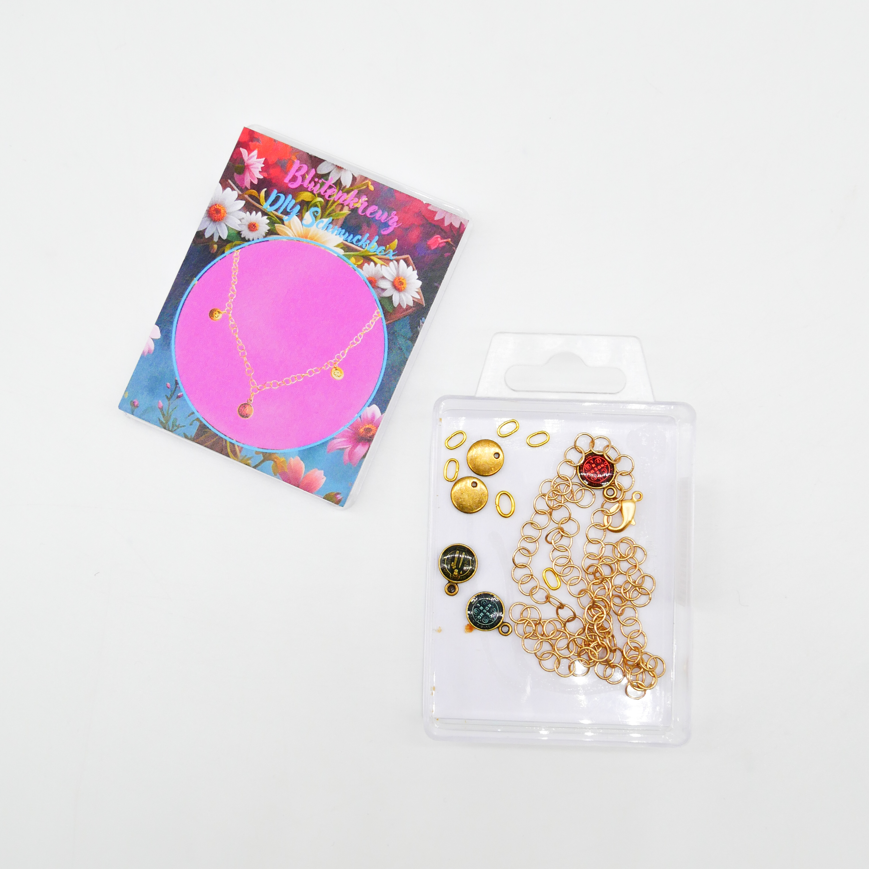 DIY kleine Schmuckbox, Kette Blütenkreuz vergoldete Kette mit Symbol Anhängern DIY kleine Schmuckbox, Kette Blütenkreuz vergoldete Kette mit Symbol Anhängern