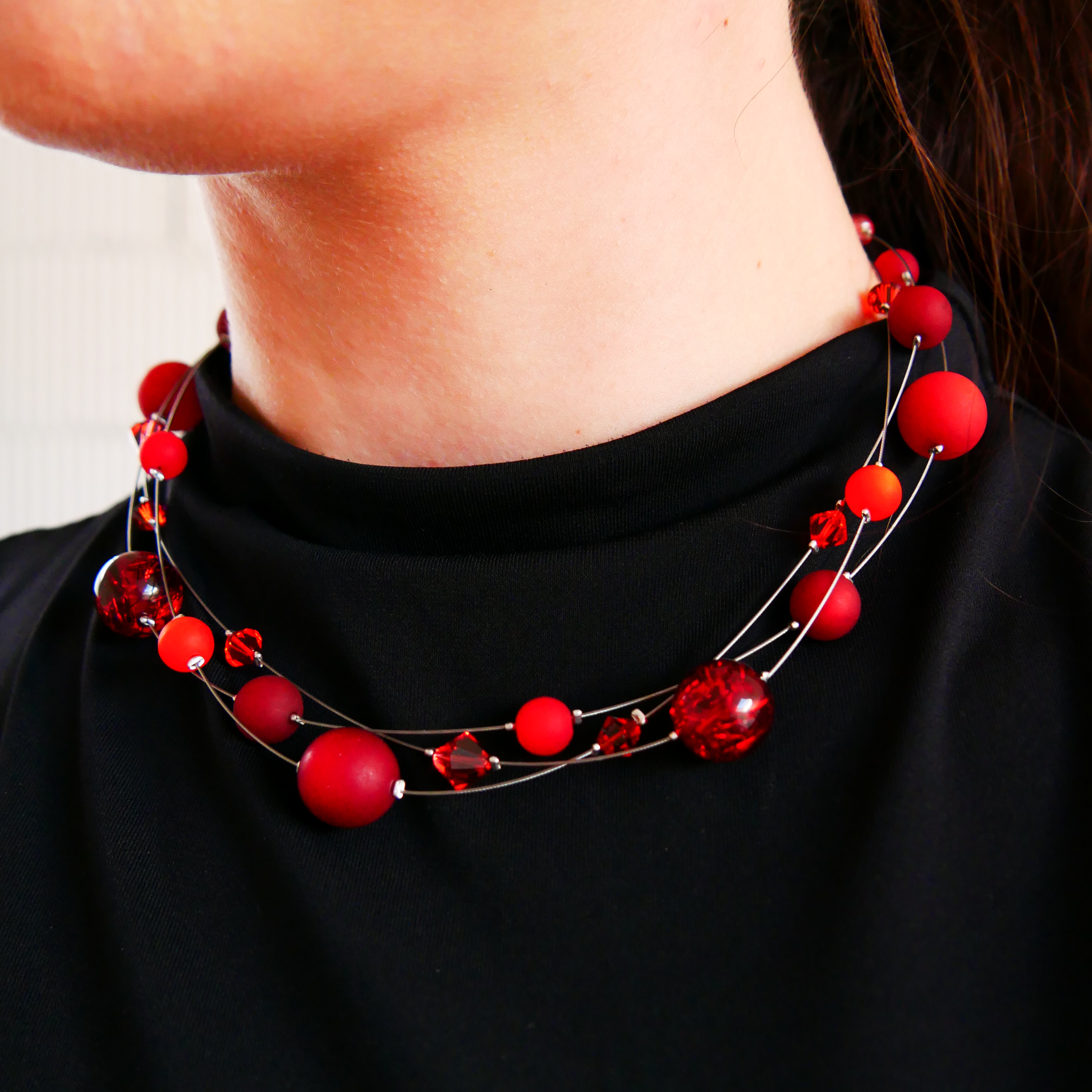 “Color Explosion”, short 3 strand necklace with polaris beads - sunset red “Color Explosion”, short 3 strand necklace with polaris beads - sunset red