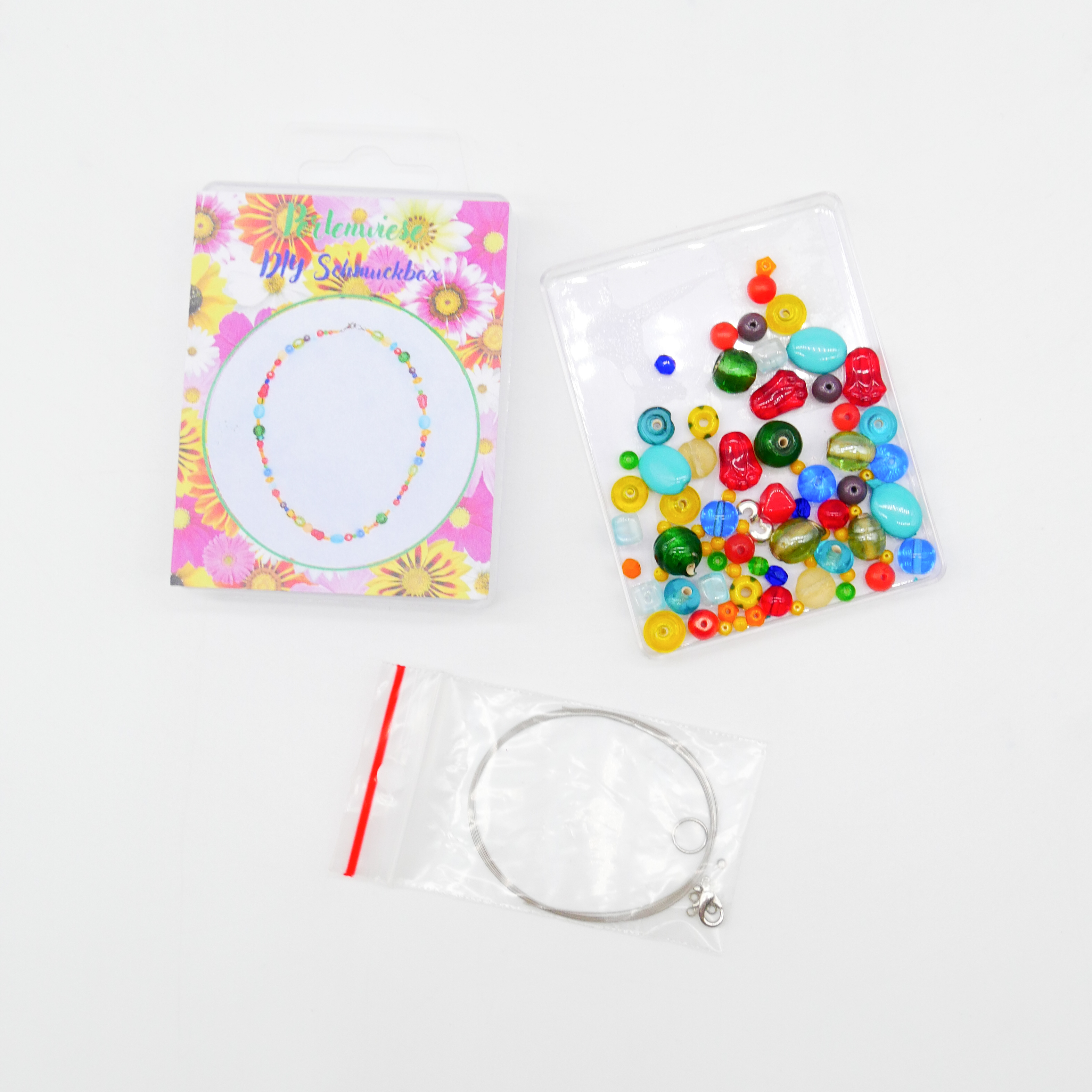 DIY kleine Schmuckbox, Kette Perlenwiese bunter Glasperlenmix DIY kleine Schmuckbox, Kette Perlenwiese bunter Glasperlenmix