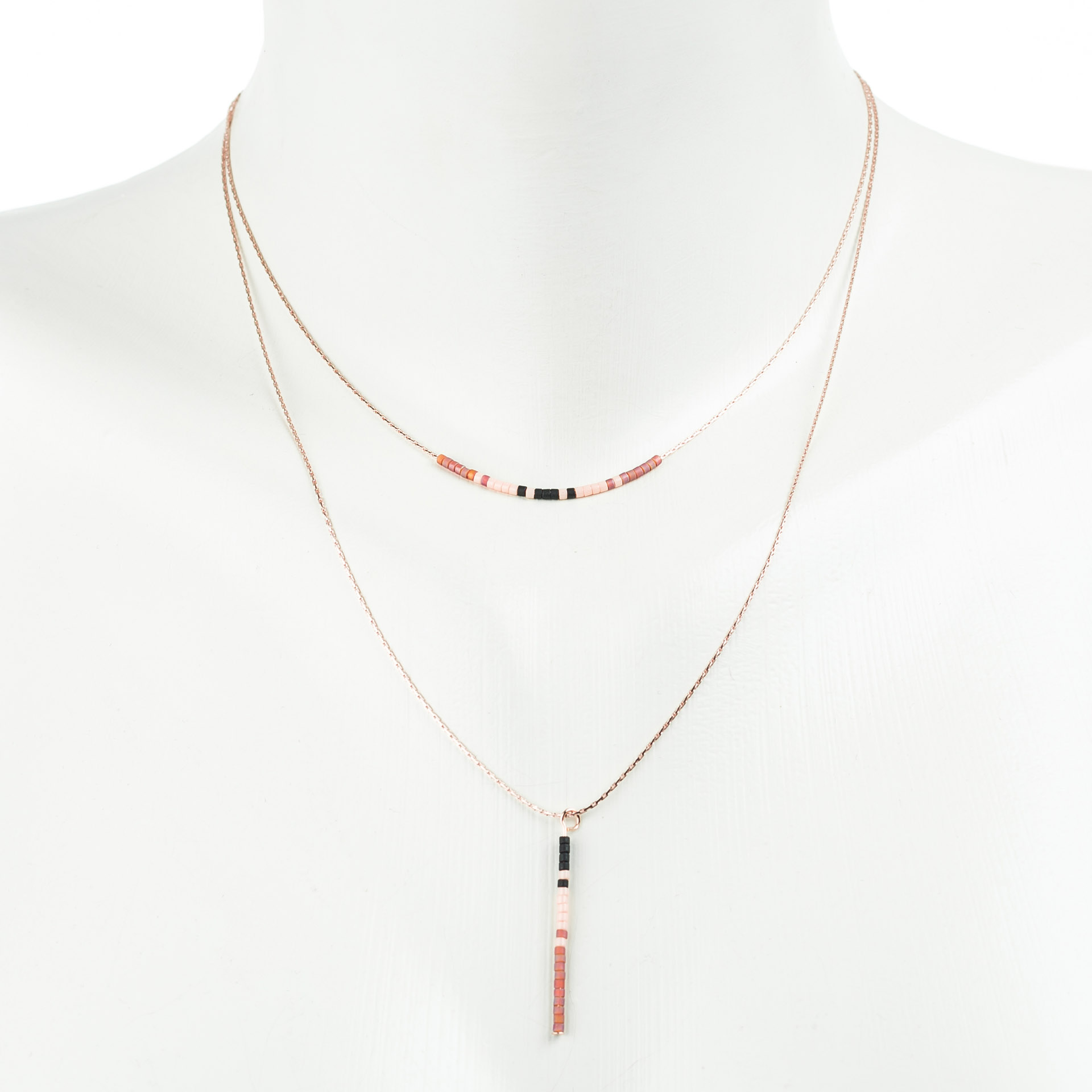 "Petite Beads" 2-fach Kette mit japan. Rocaillesperlen, braun-schwarz, rosé vergoldet