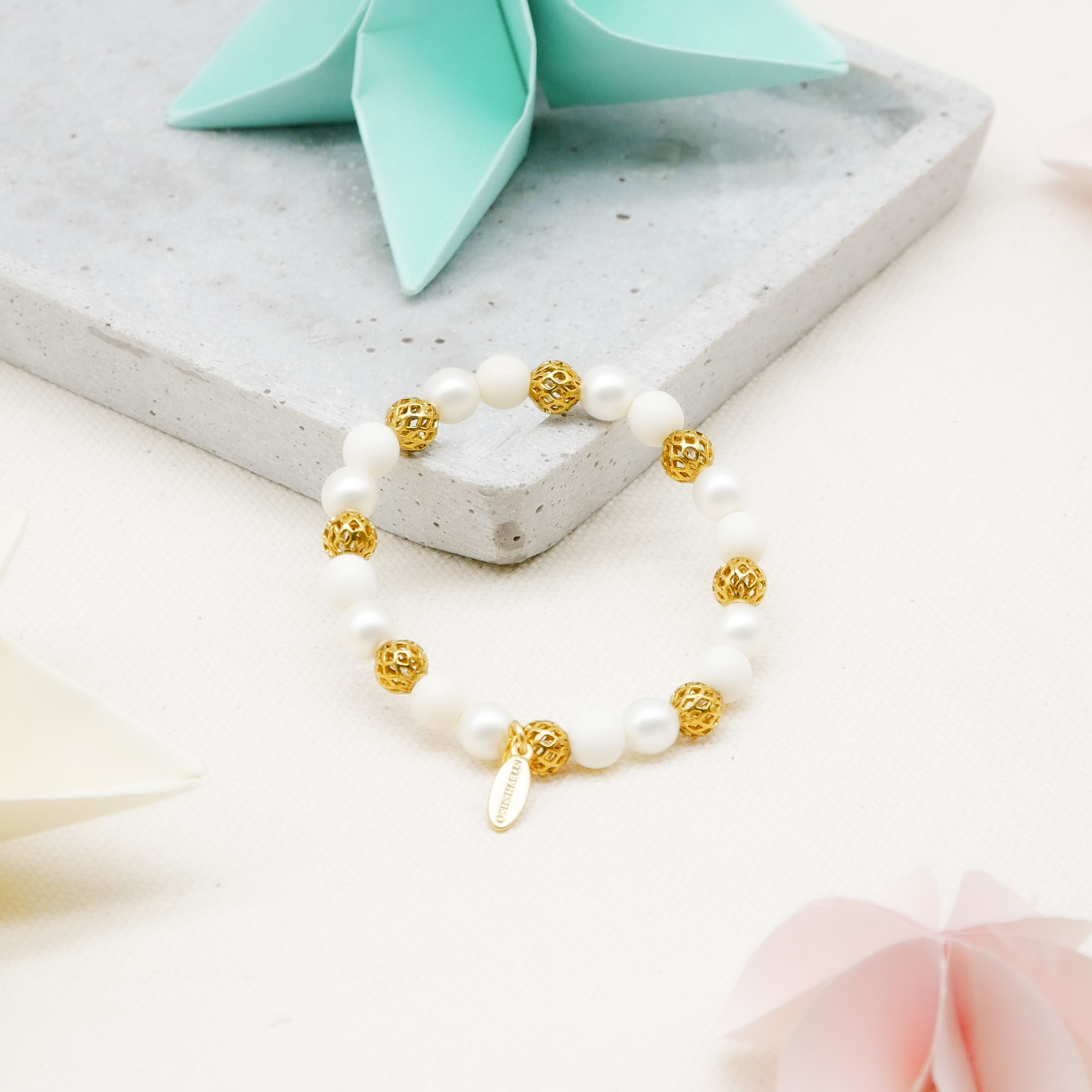  Color Explosion, Armband auf Gummi Ø 8 mm, Glas- und Polaris Perlen, Venus weiß-gold