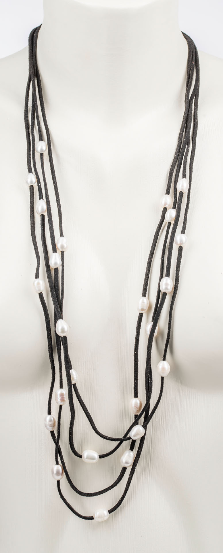 "Freshwater Pearls" long 4-string necklace with freshwater pearls - white on a imitation leather band - black