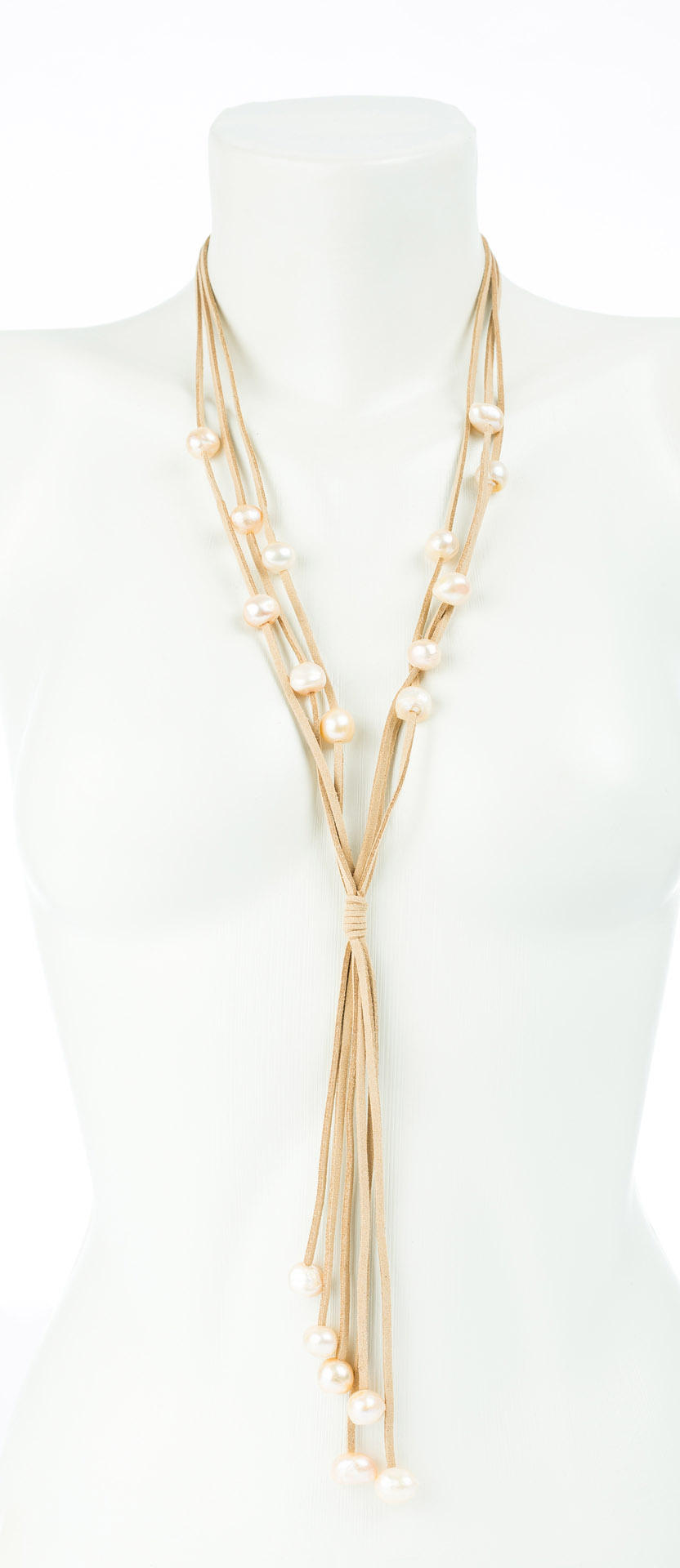 "Freshwater Pearls" long necklace with freshwater pearls on a light brown fabric band, pastel beige