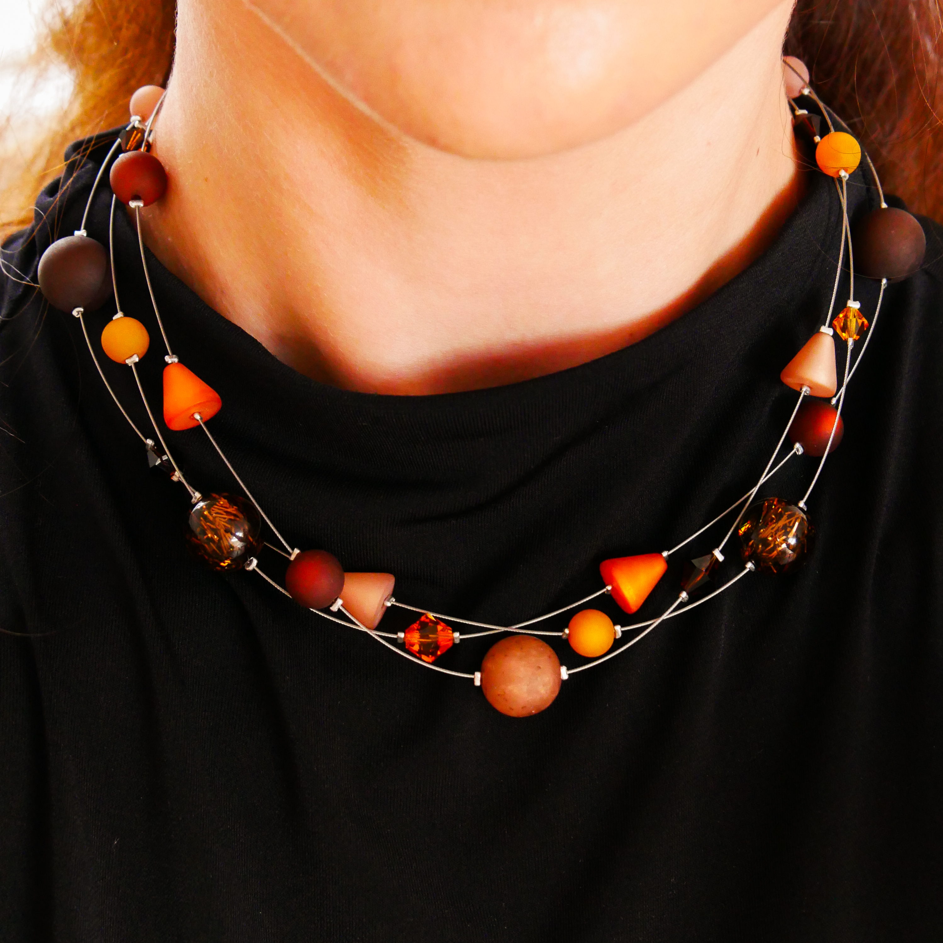 “Color Explosion”, short 3 strand necklace with polaris beads - choclatebrown “Color Explosion”, short 3 strand necklace with polaris beads - choclatebrown