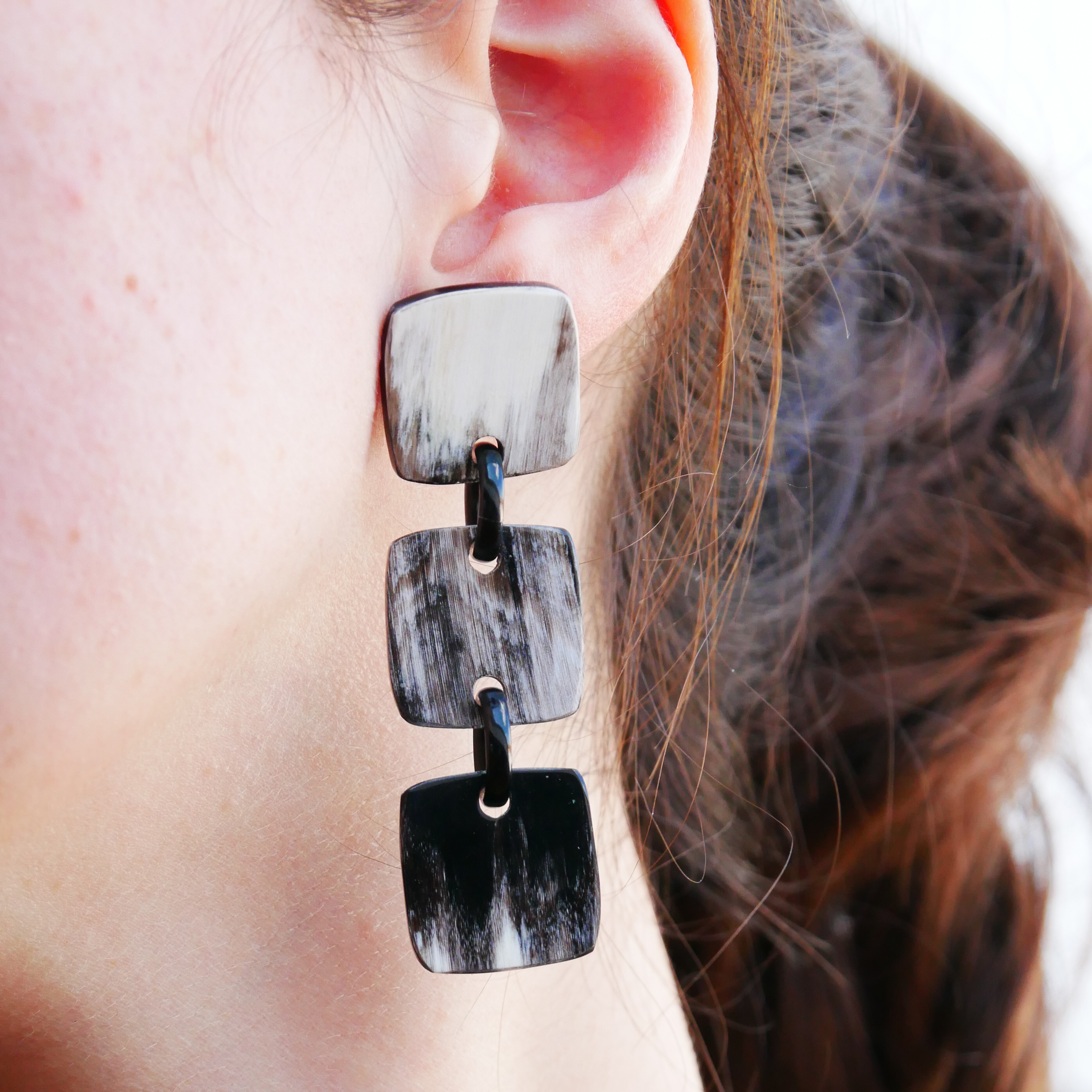 Horn earrings, squares, black-white african horn