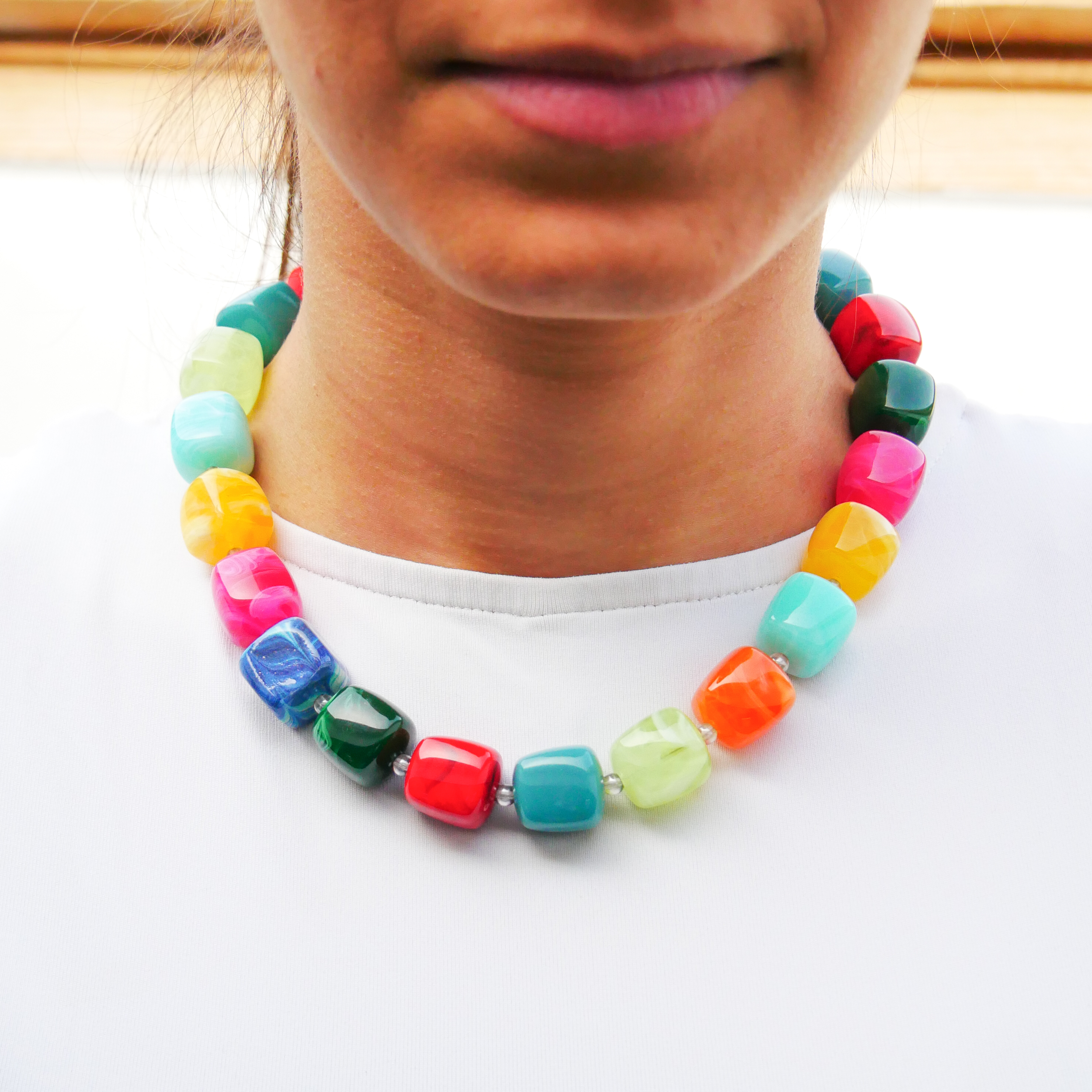 "Summer Feeling",  short Chain "Cube" Resin Pearls approx. 16 x 16 mm multicolor