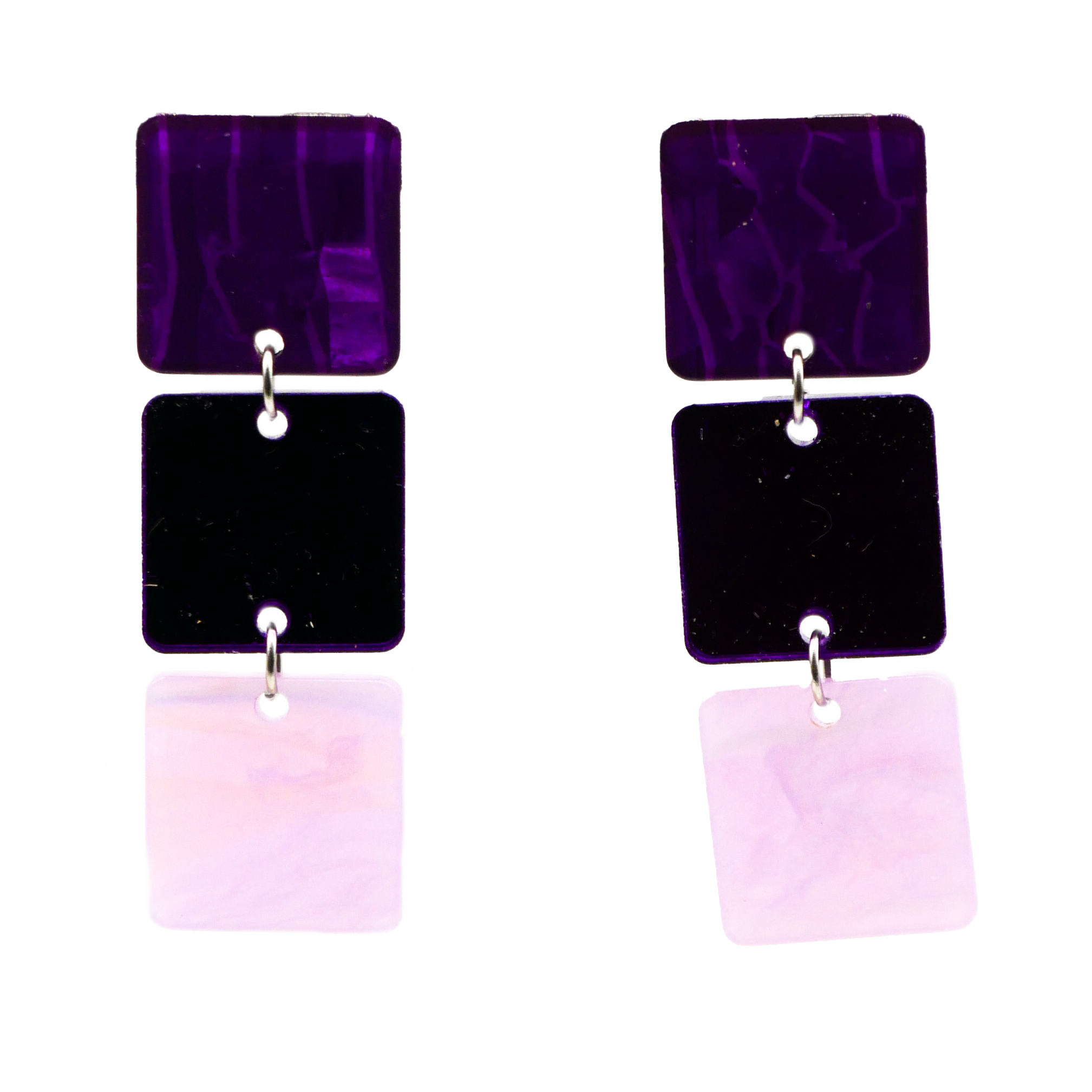 "Color Explosion", Ohrstecker 3er Ampel flache Quadrate 20 mm purple