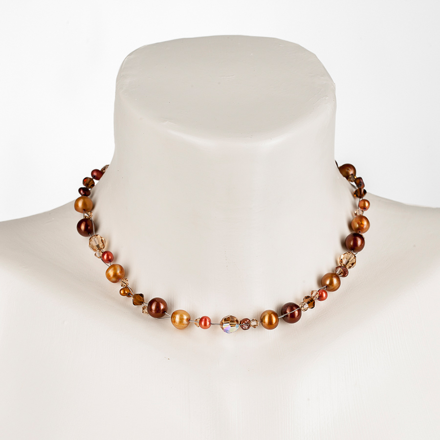 "Freshwater Pearls" 2-stand-necklace with freshwater pearls and Swarovski elements,brown light colorado topaz