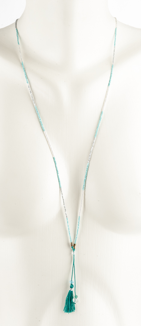 "Tassel" dainty necklace with japanese rocaille pearls and a tassel, petrol-silver