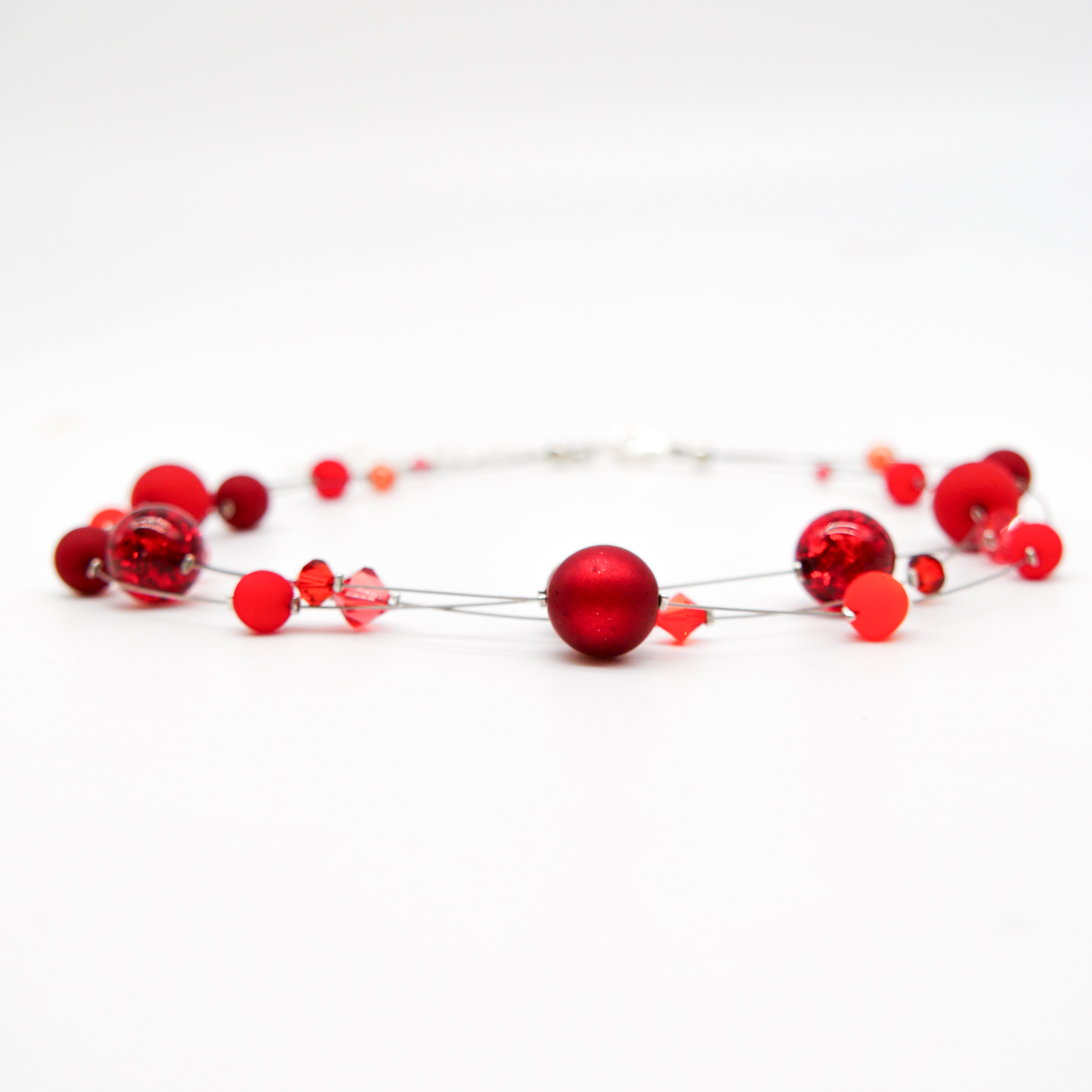 “Color Explosion”, short 3 strand necklace with polaris beads - sunset red “Color Explosion”, short 3 strand necklace with polaris beads - sunset red