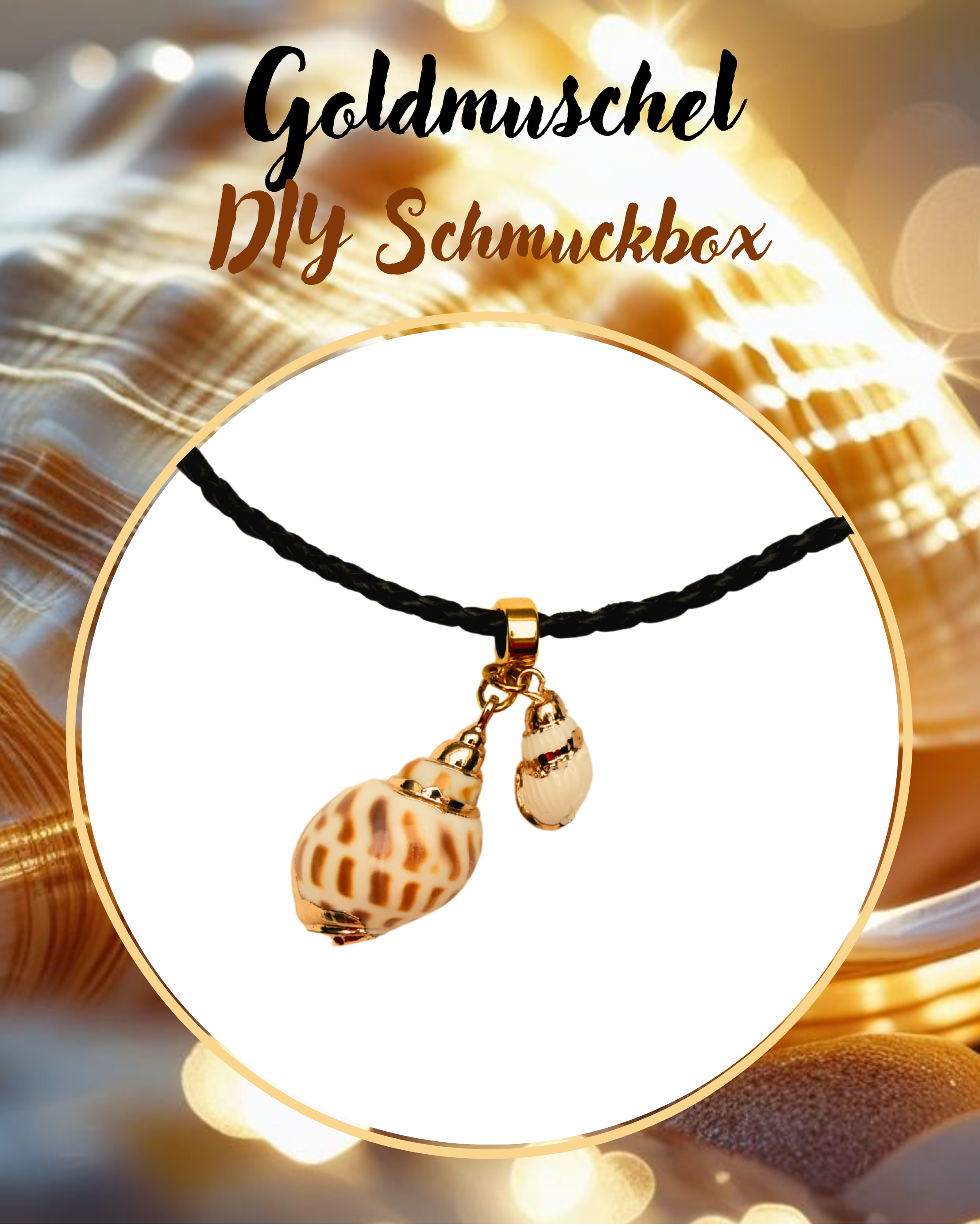  DIY kleine Schmuckbox, Kette Goldmuschel schwarzes Lederband Strandschneckenanhänger