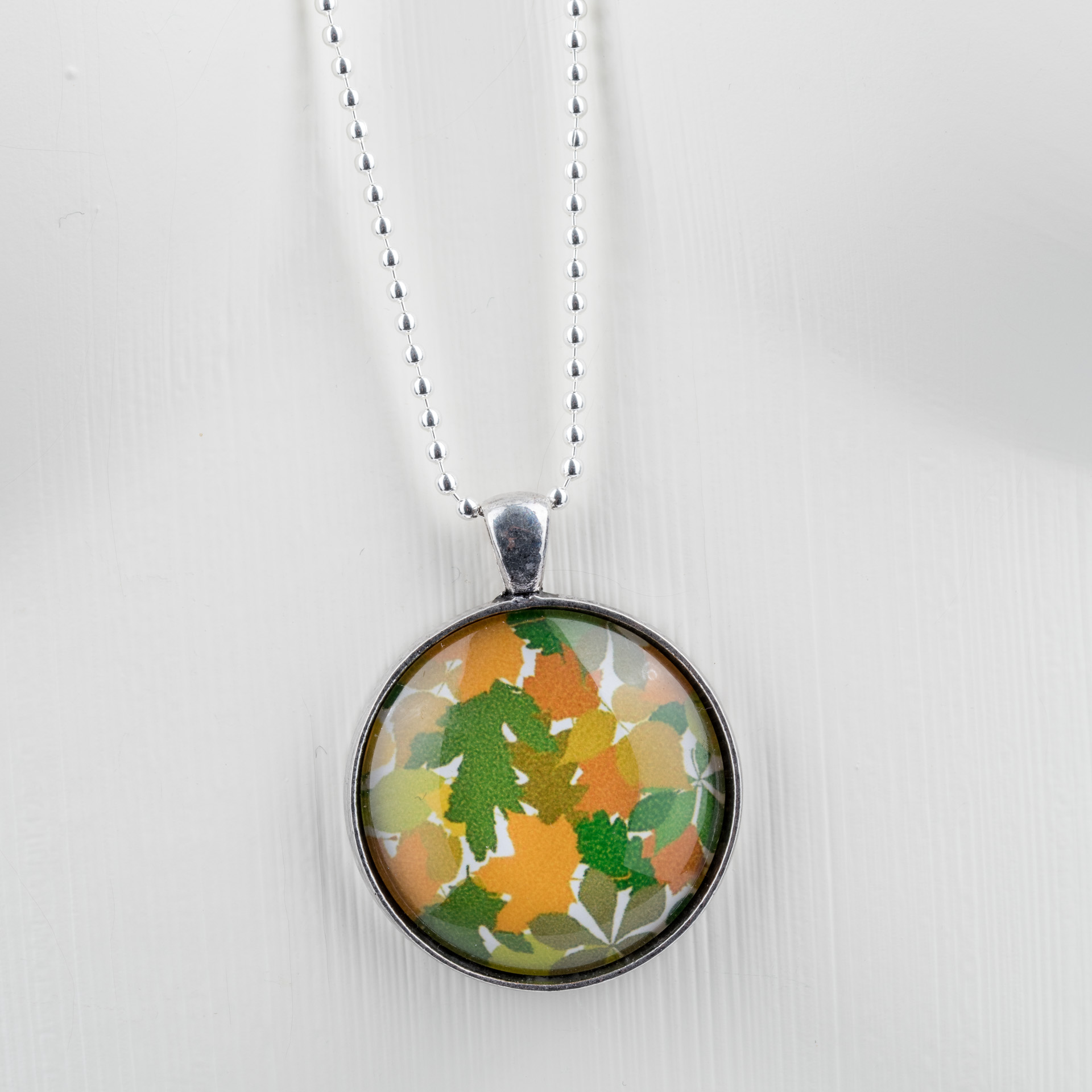"Mandala" long necklace, dainty, with glass pendant, leaf canopy