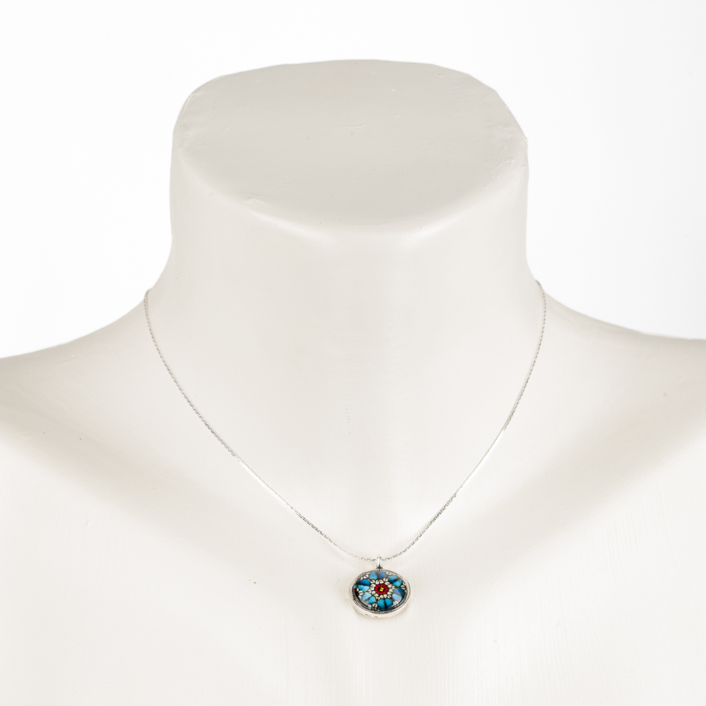 Necklace "Mandala", short, dainty, with glass pendant, sapphire