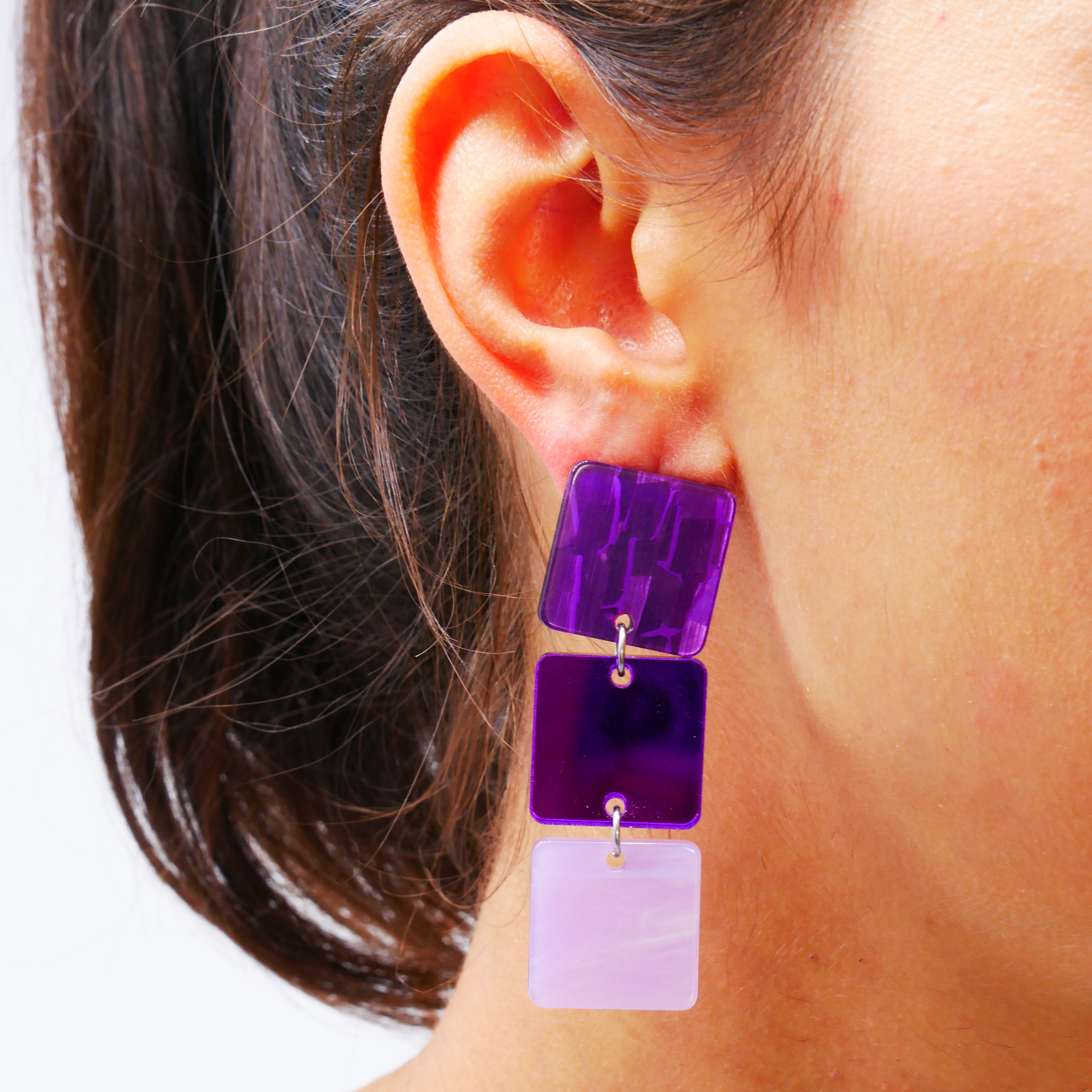 "Color Explosion" stud earrings 3 flat squares 20 mm purple