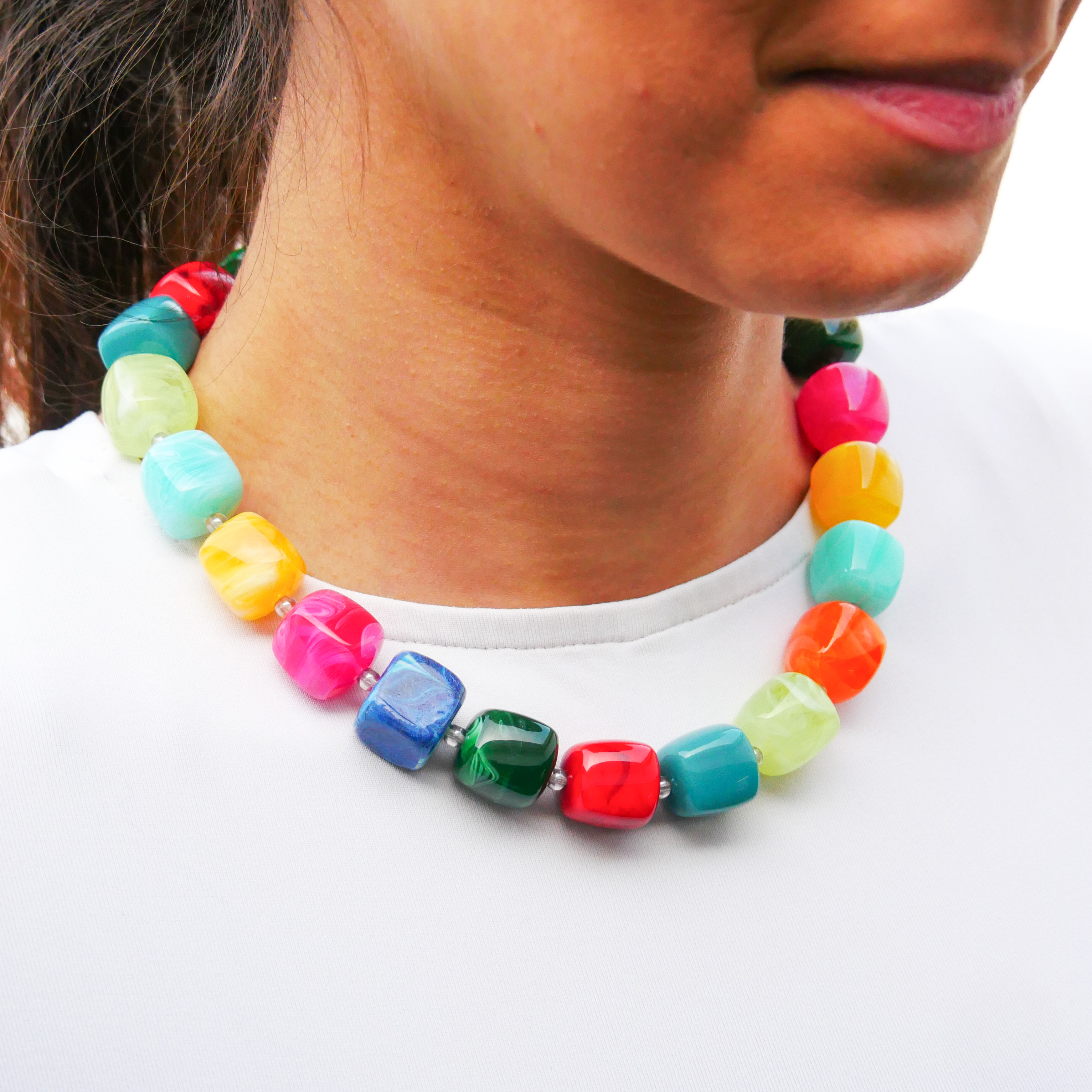 "Summer Feeling",  short Chain "Cube" Resin Pearls approx. 16 x 16 mm multicolor