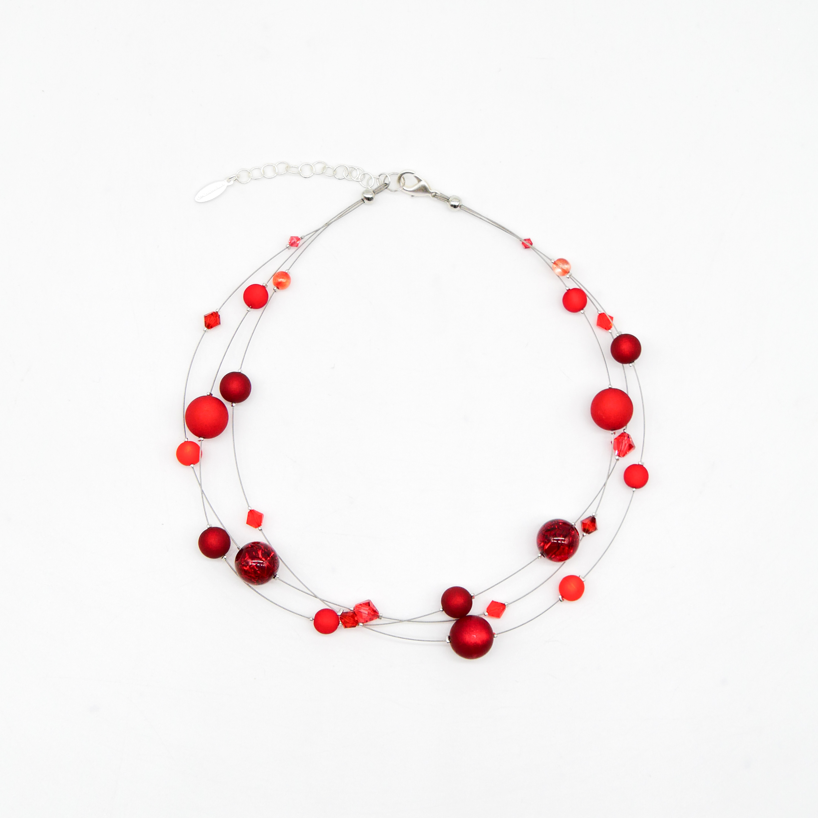 “Color Explosion”, short 3 strand necklace with polaris beads - sunset red “Color Explosion”, short 3 strand necklace with polaris beads - sunset red