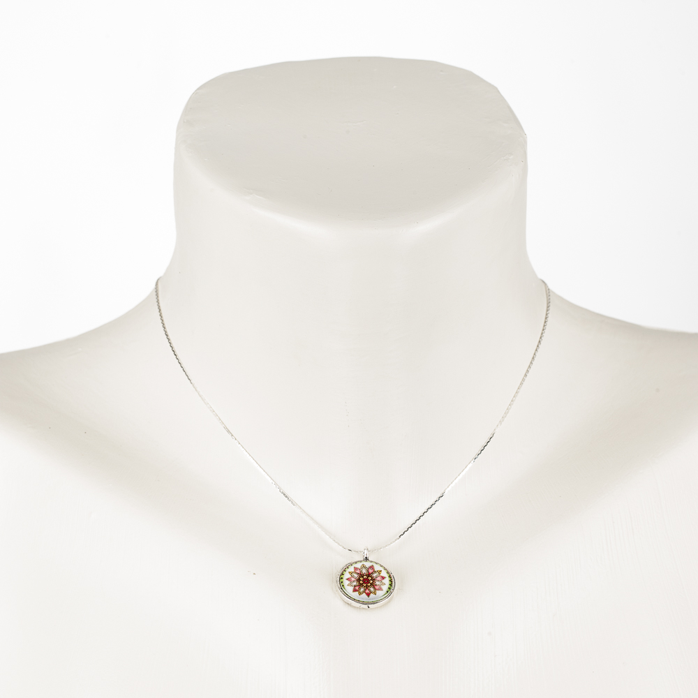 Necklace "Mandala", short, dainty, with glass pendant, light red