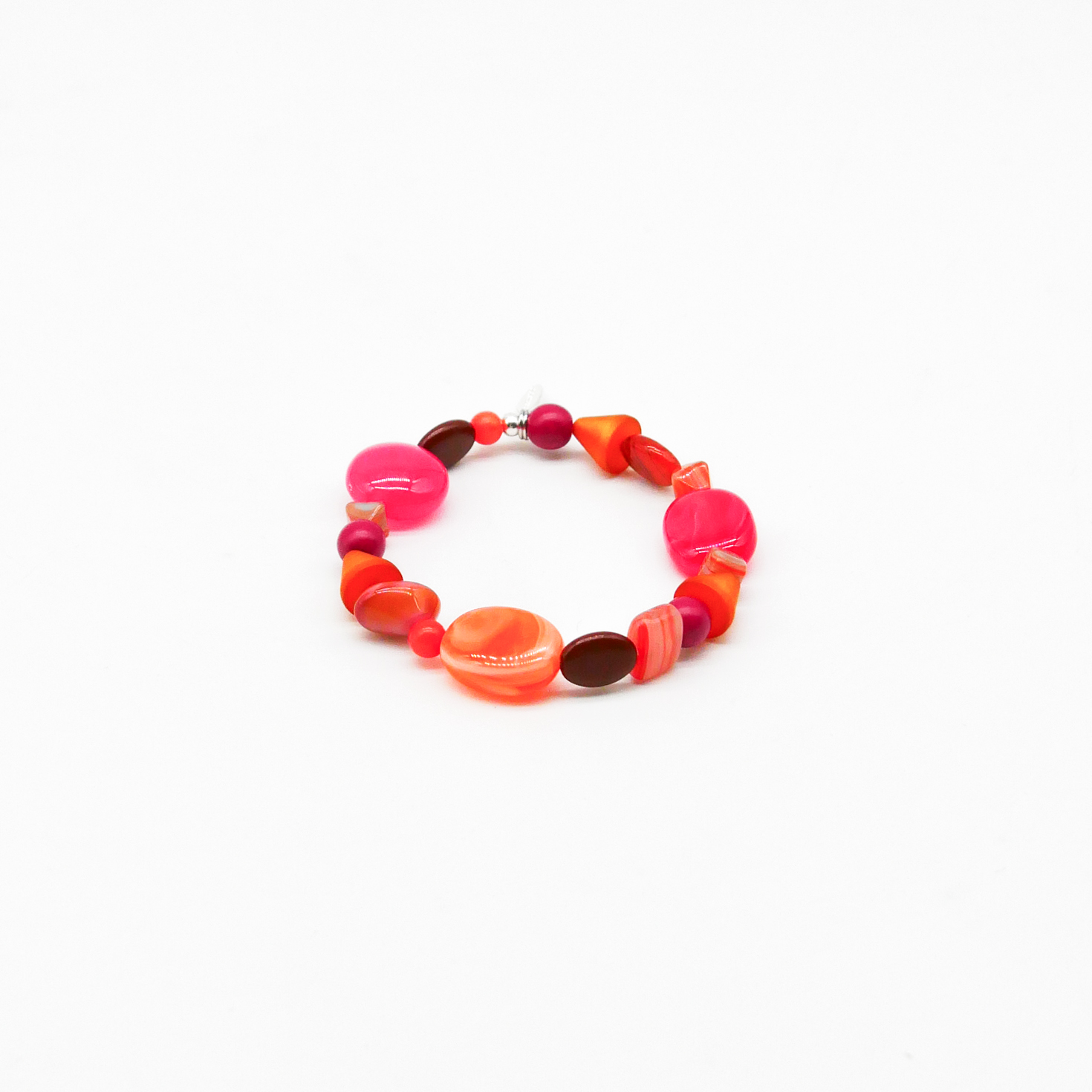 "Summer Feeling", Armband aus verschiedenen Formen, Glas- und Resin Perlen, pink-orange