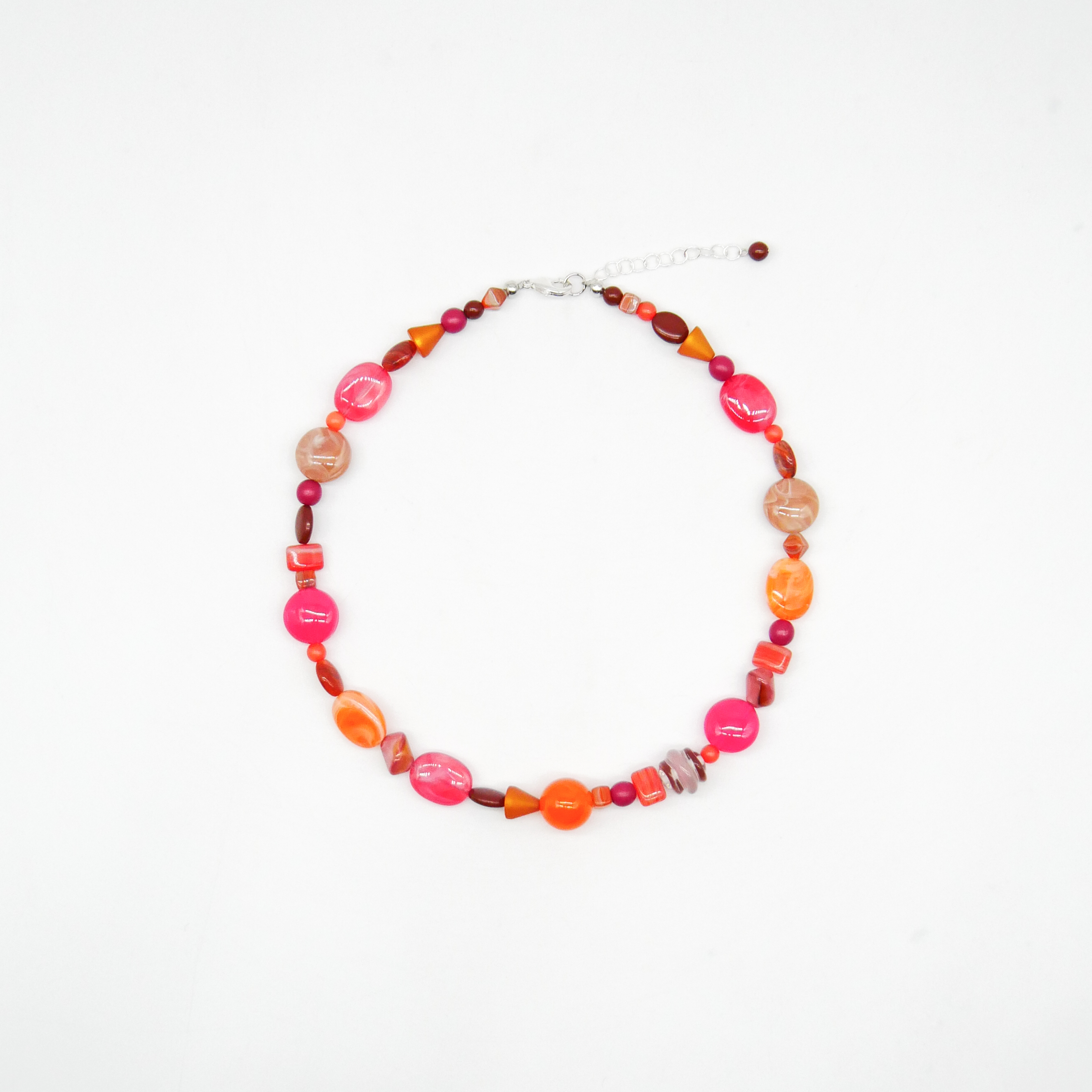 "Summer Feeling",  Chain with different shapes, Glas- and Resin Pearls, pink-orange