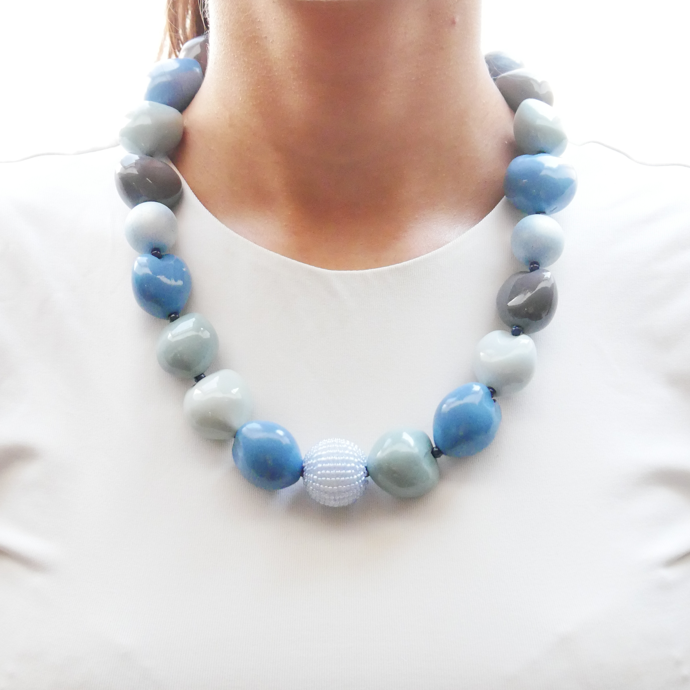 "Summer Feeling" Kette ca. 60 cm, Lumba Samen, Glasperlen, blue petrol
