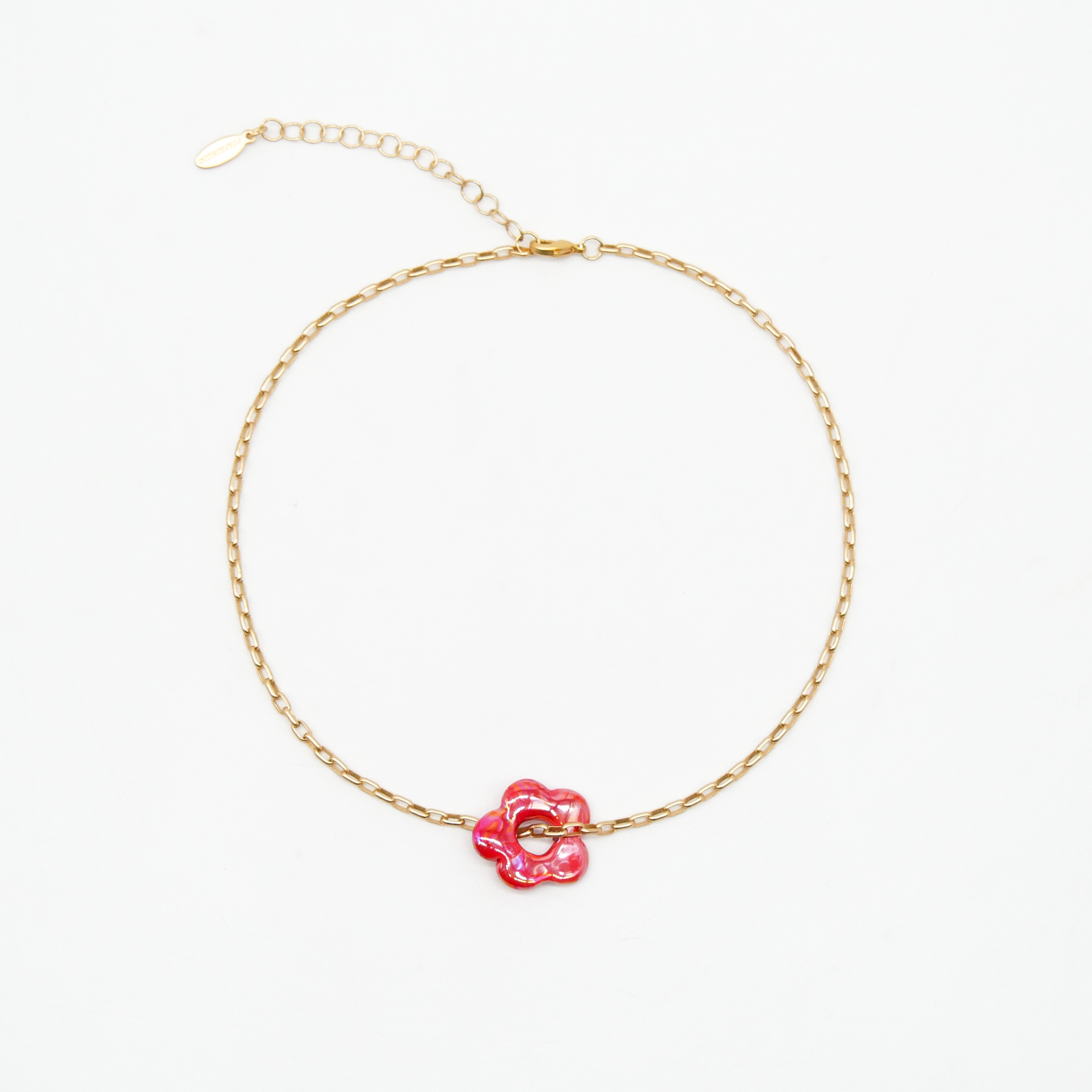"Summer-Feeling", Kurze Metallkette vergoldet, Keramikblume red "Summer-Feeling", Kurze Metallkette vergoldet, Keramikblume red