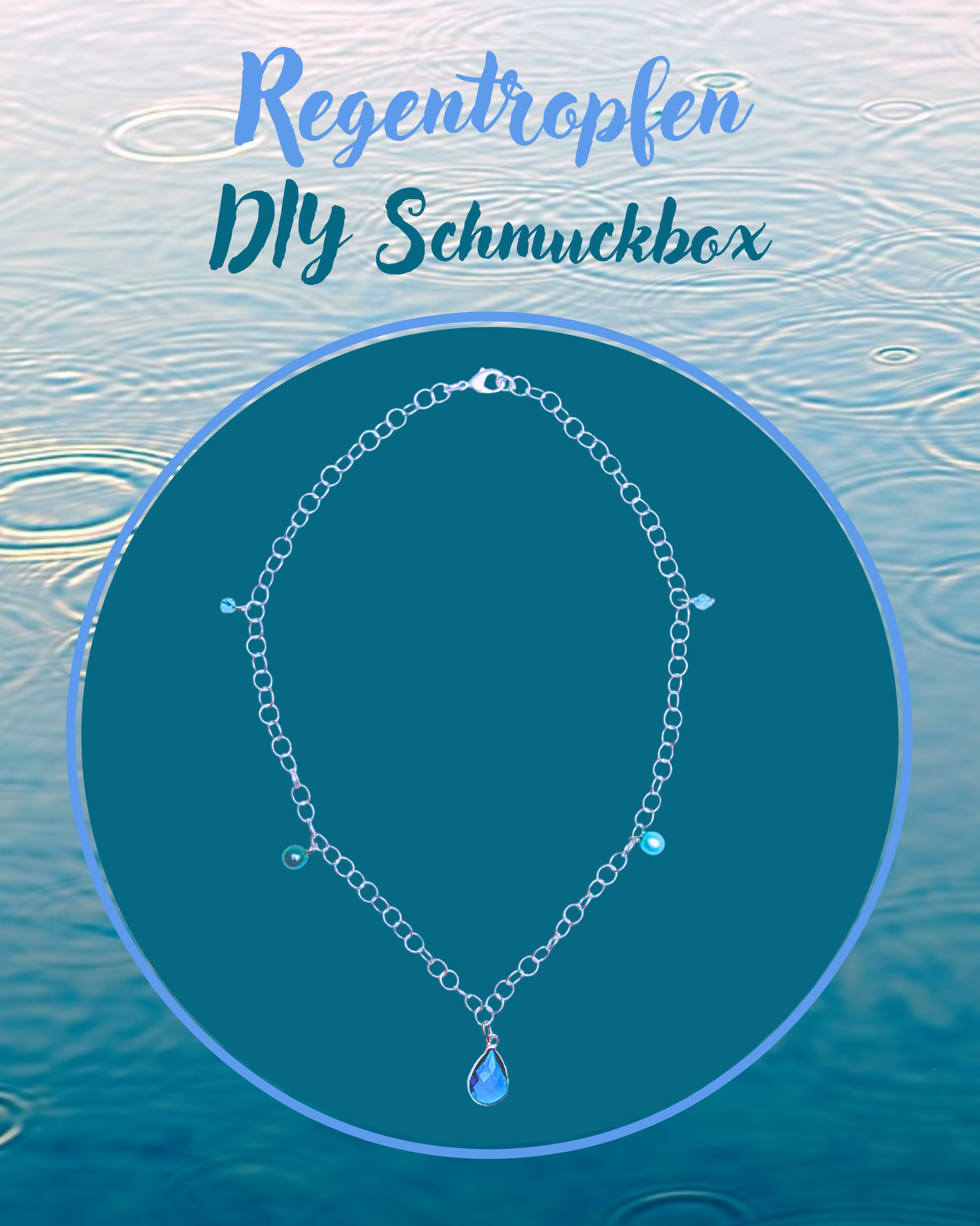  DIY kleine Schmuckbox, Kette Regentropfen Gliederkette versilbert, blaue Glasanhänger