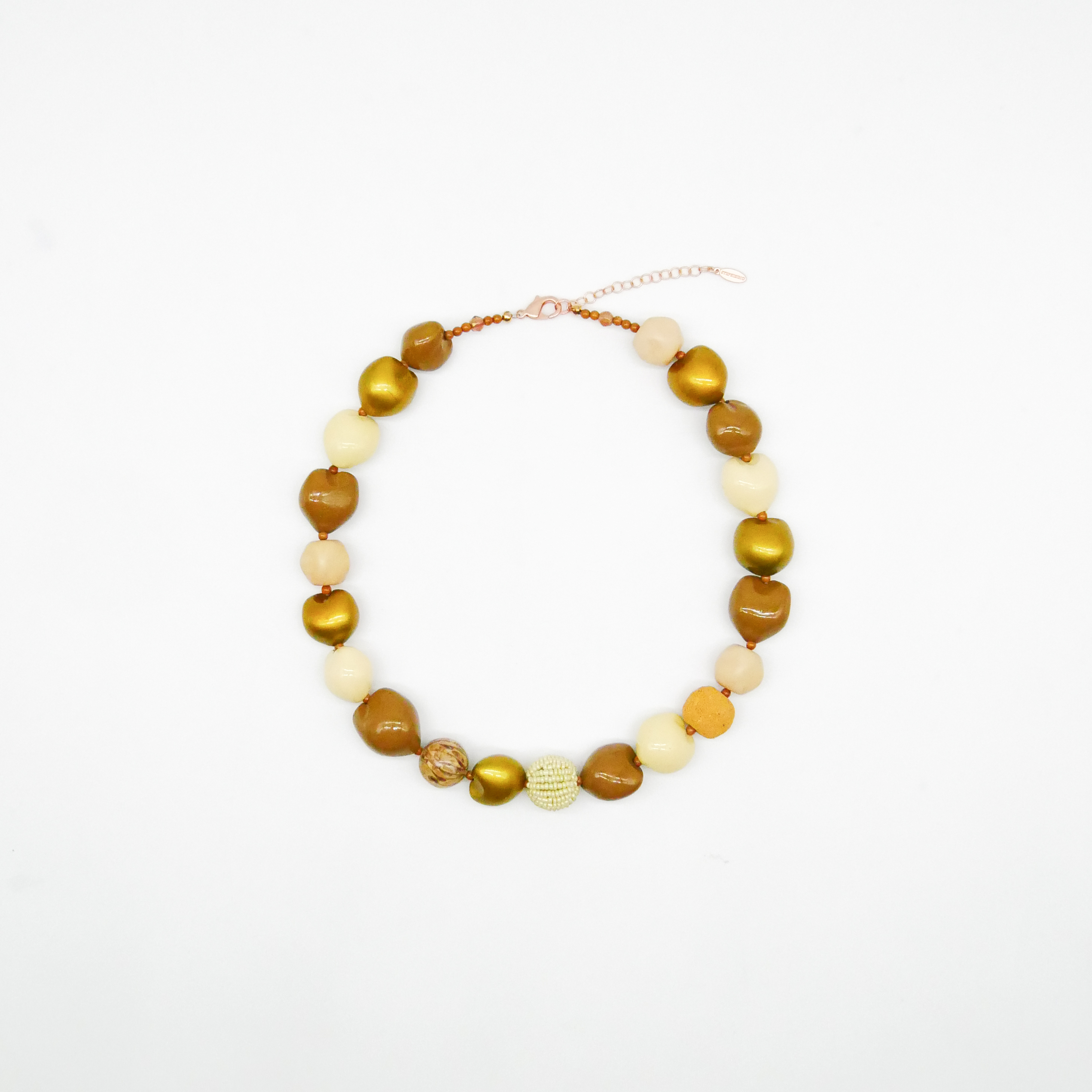  "Summer Feeling" Kette ca. 60 cm, Lumba Samen, Glasperlen, Resin Perle, braun-gold 