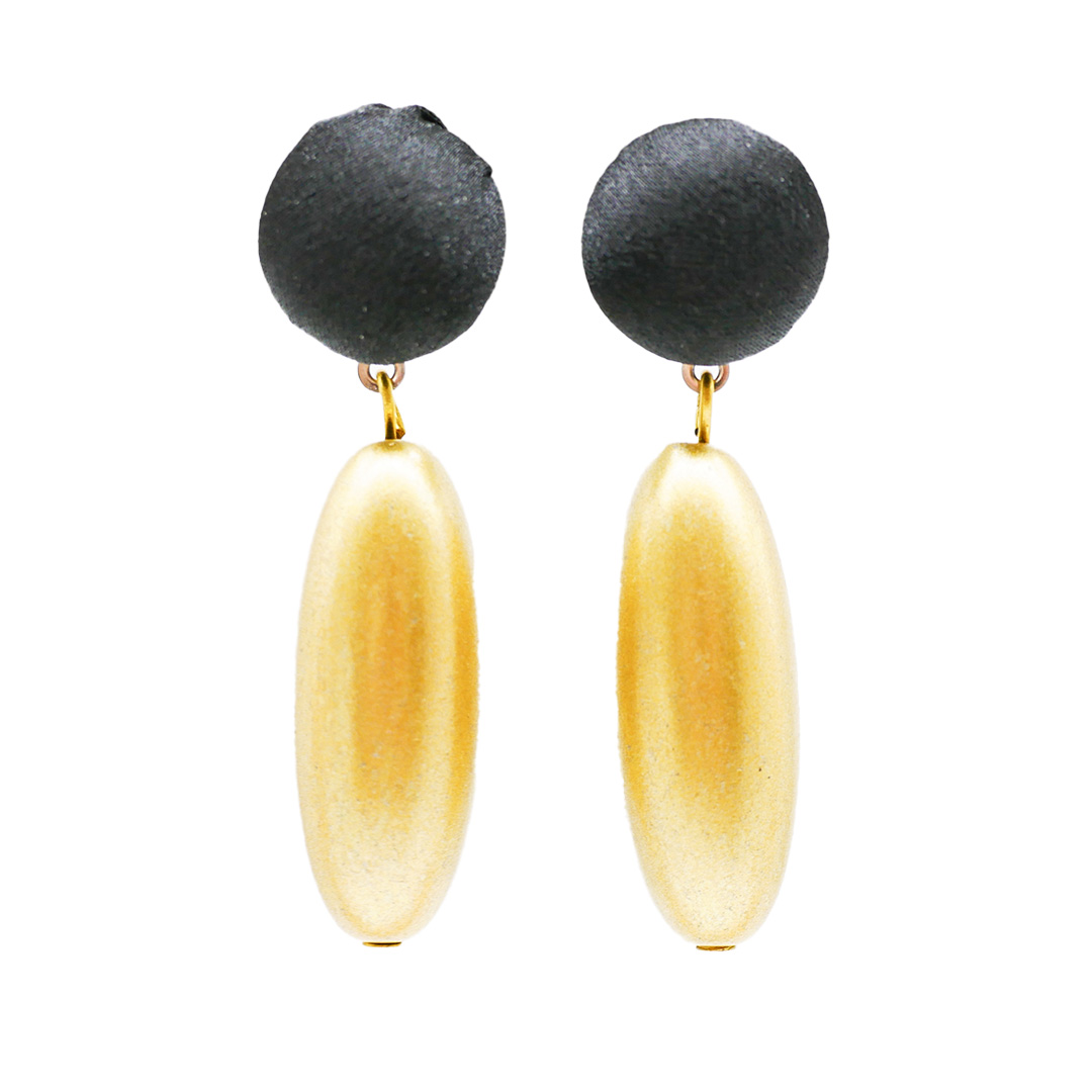  "Fine Bead Art" earrings fabric coated bead, black, olive shaped bead gold