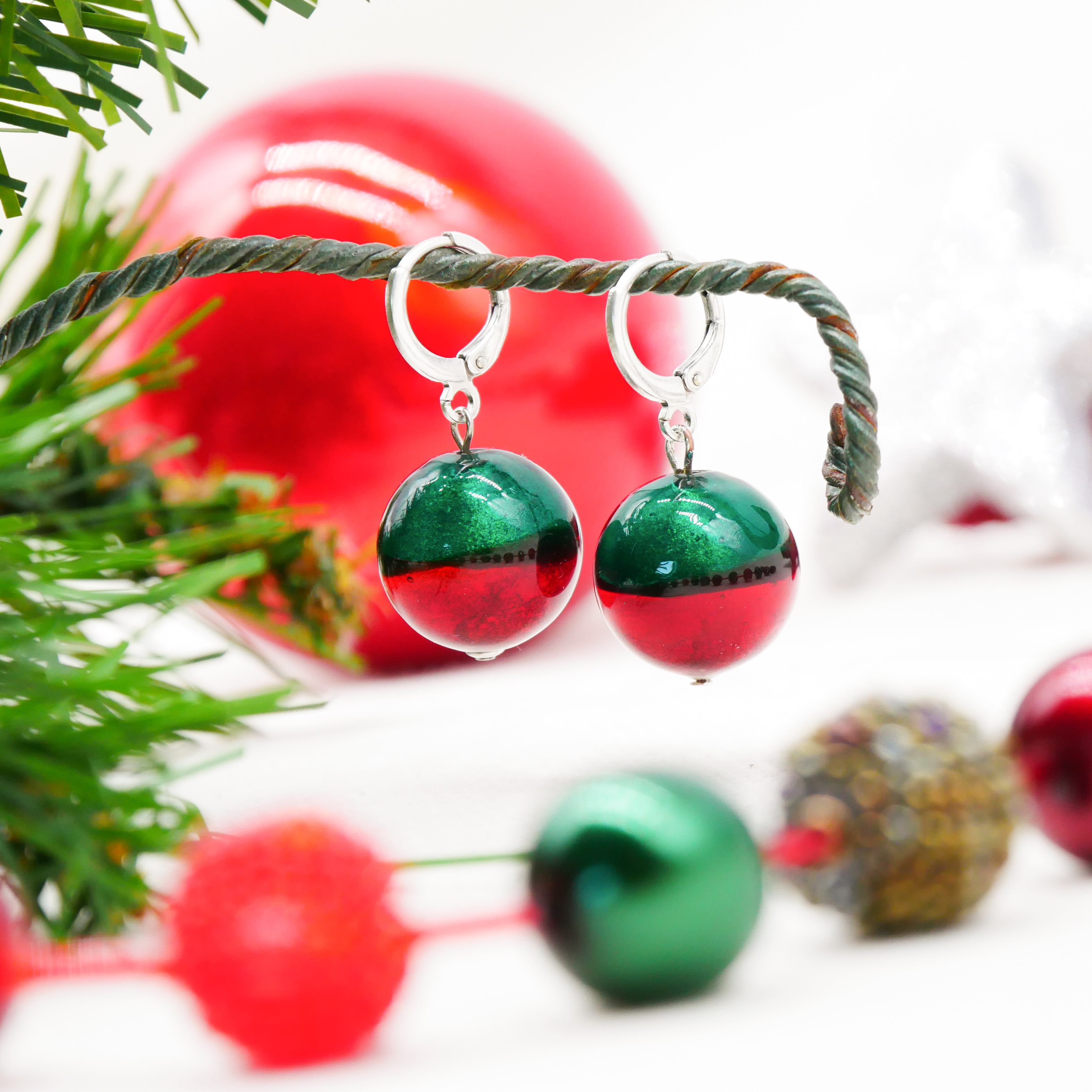  "Fine Bead Art", "Ohrringe Christmas", Lampenperlen, Glasperlen rot-grün