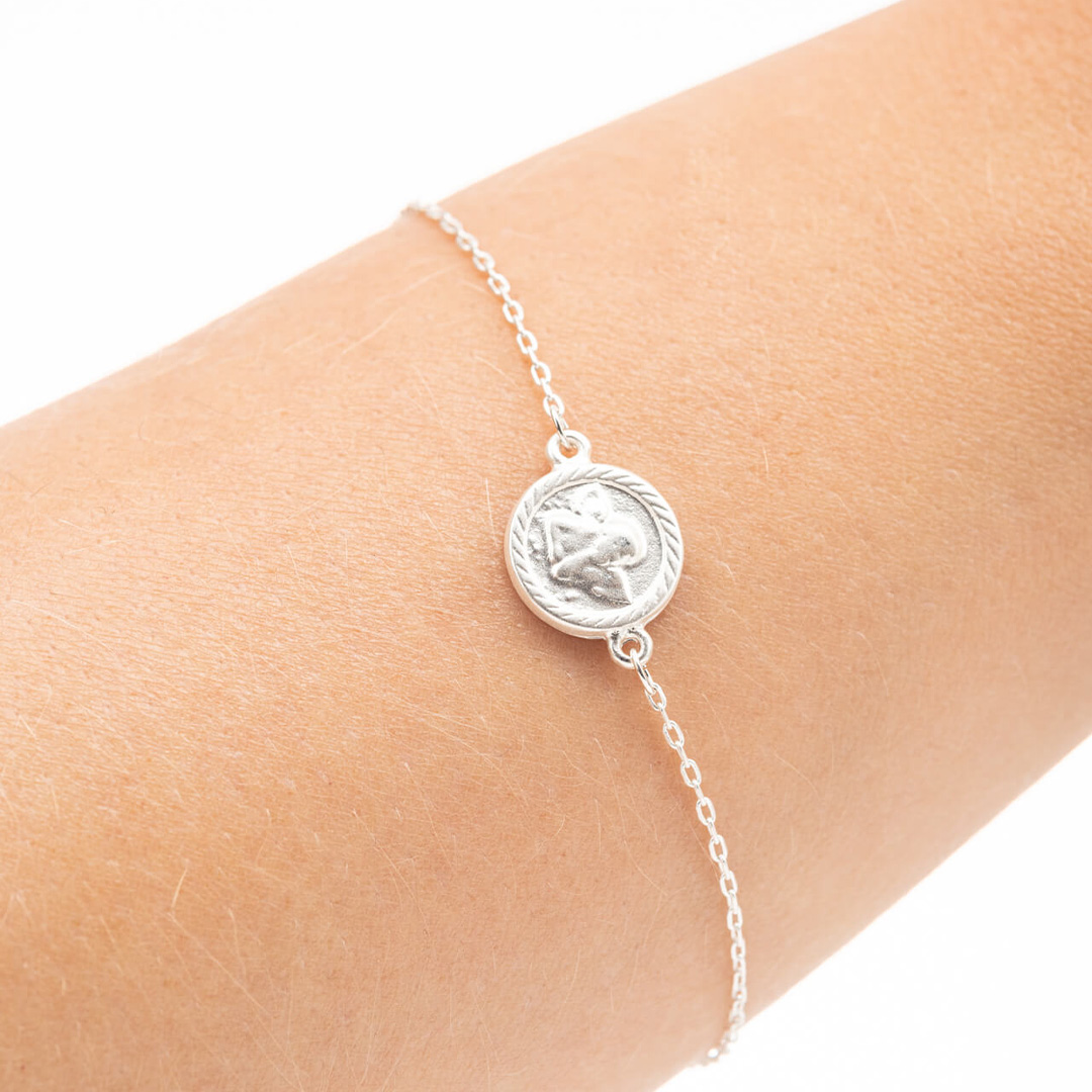 "Fine Filigré" feines Armband, Münze mit Engels Motiv, versilbert