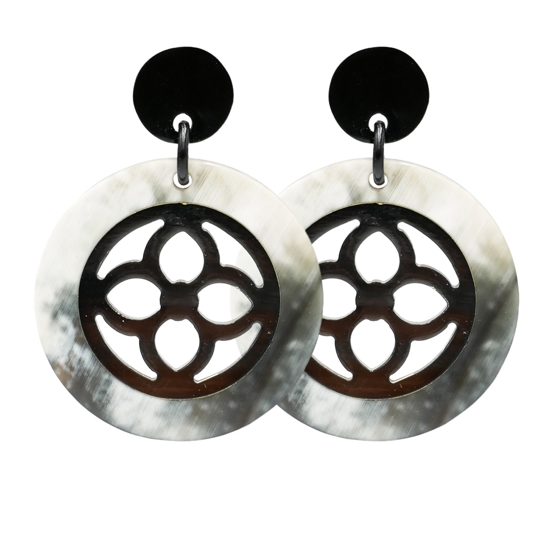 "Art Craft"  earrings with round pendant made of marble and brown buffalo horn, 