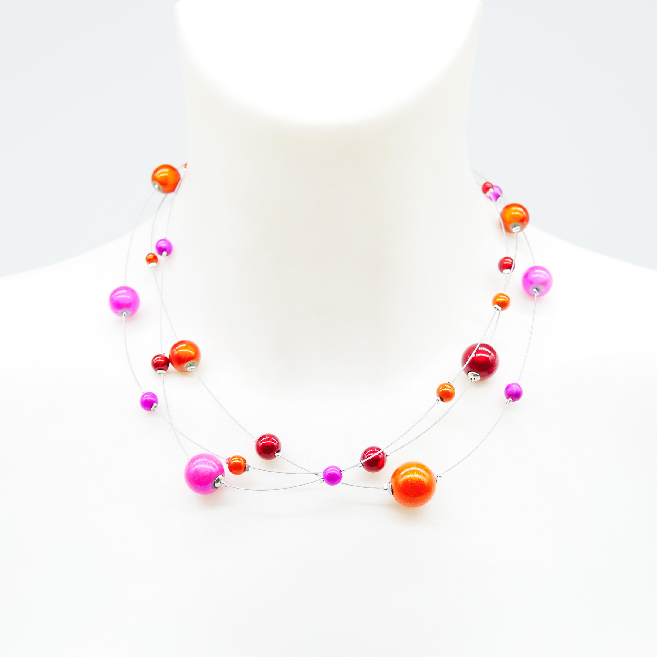 Color Explosion, kurze 3-Strang Kette "Miracle Beads" Perlen - pink orange