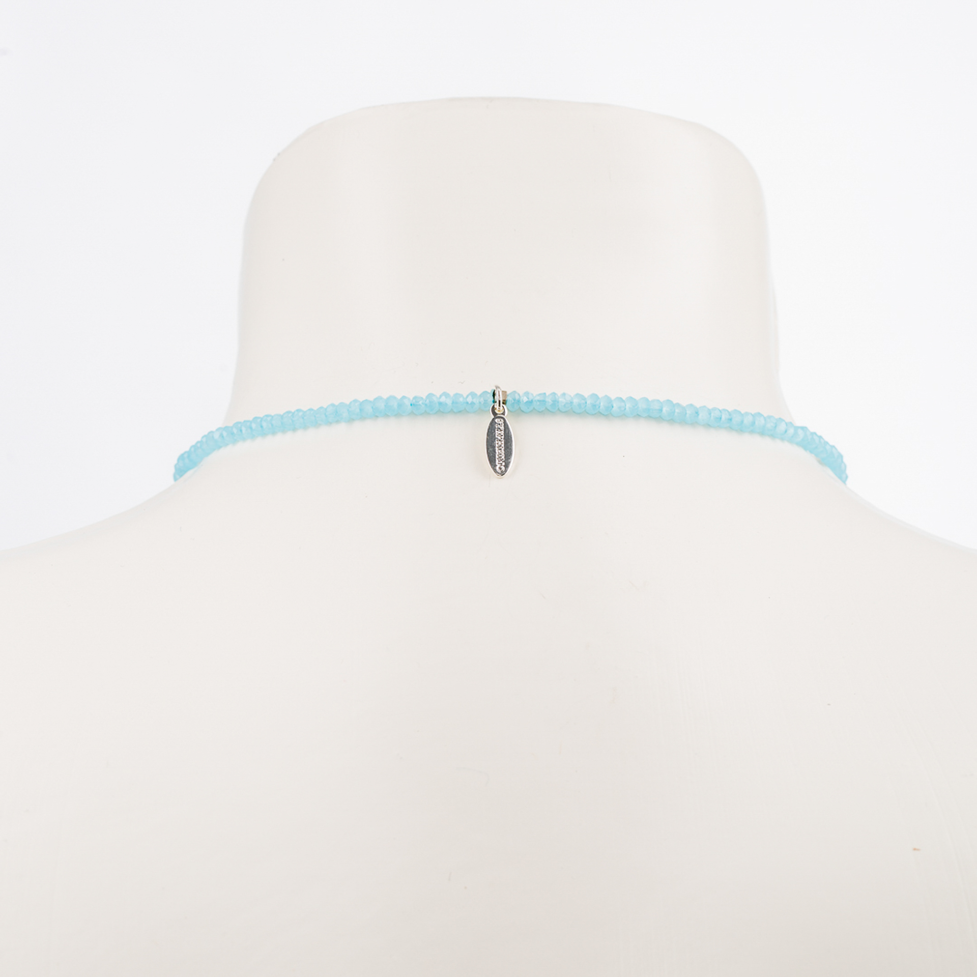 "Boho" lange Kristallglas Kette, verzierter Anhänger, aquamarin