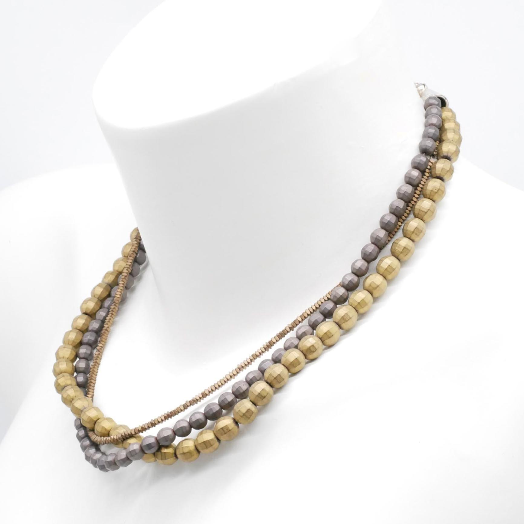 "Metallic" kurze 3-Strang Hämatit Kette, Kugel und Scheibe - bronze-anthrazit