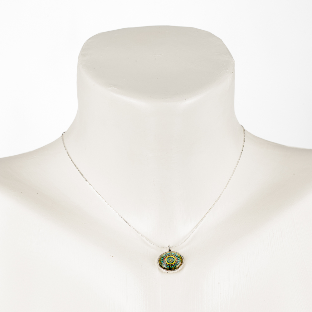 Necklace "Mandala", short, dainty, with glass pendant, yellow-blue