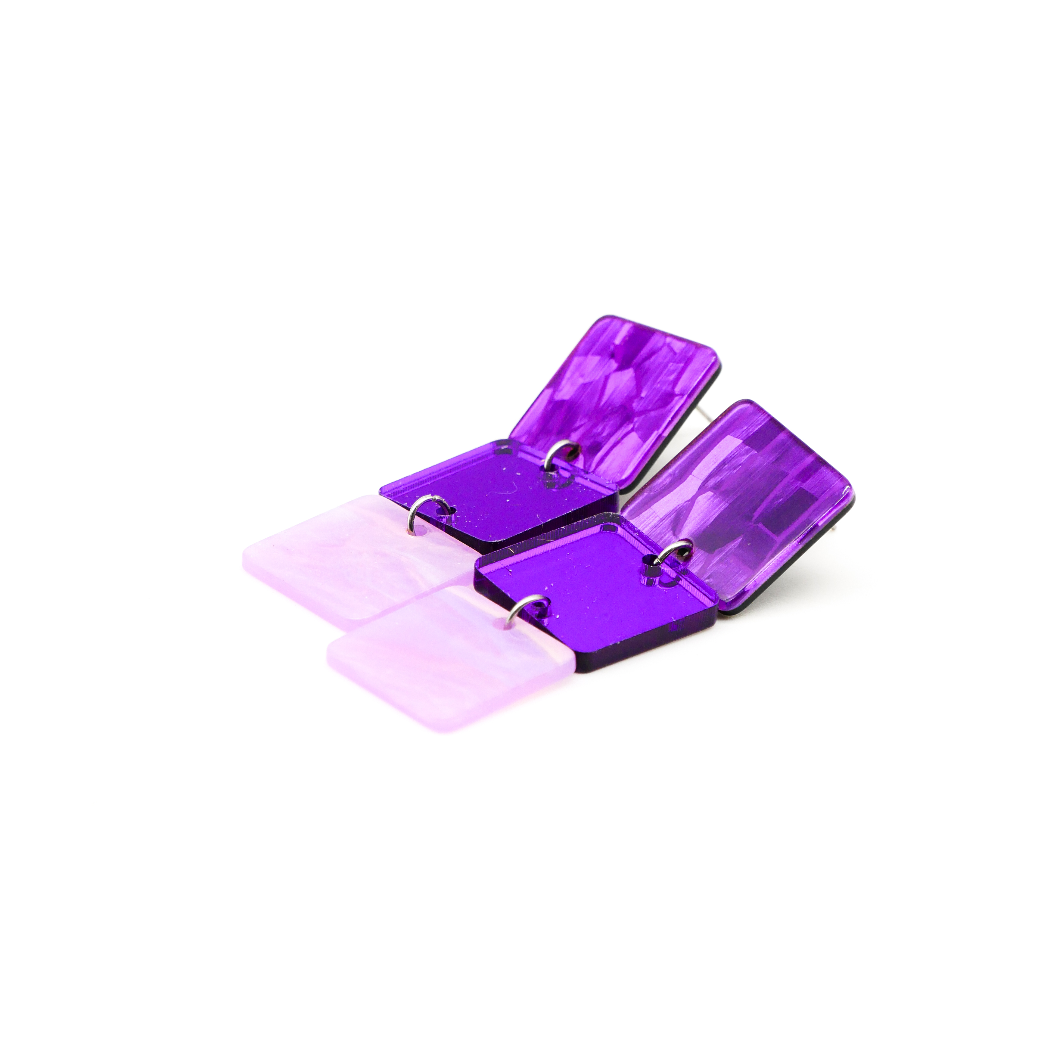 "Color Explosion", Ohrstecker 3er Ampel flache Quadrate 20 mm purple