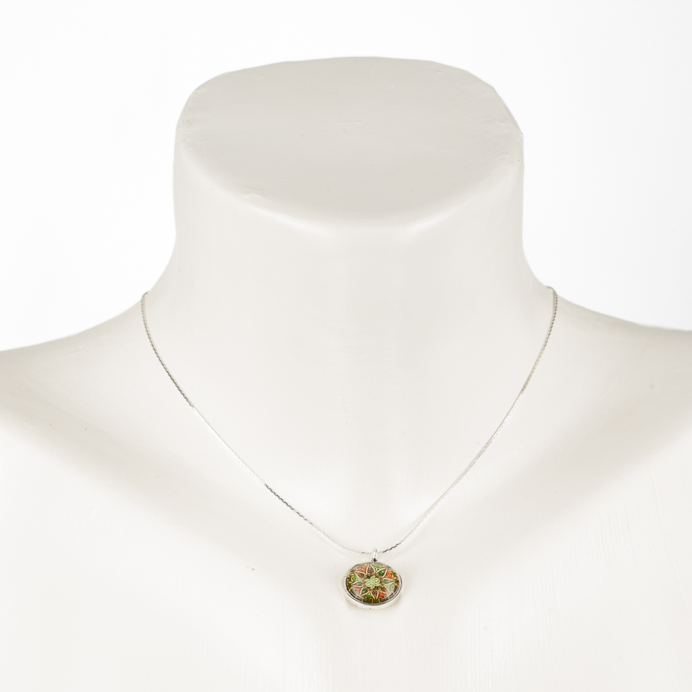Necklace "Mandala", short, dainty, with glass pendant, orange-green
