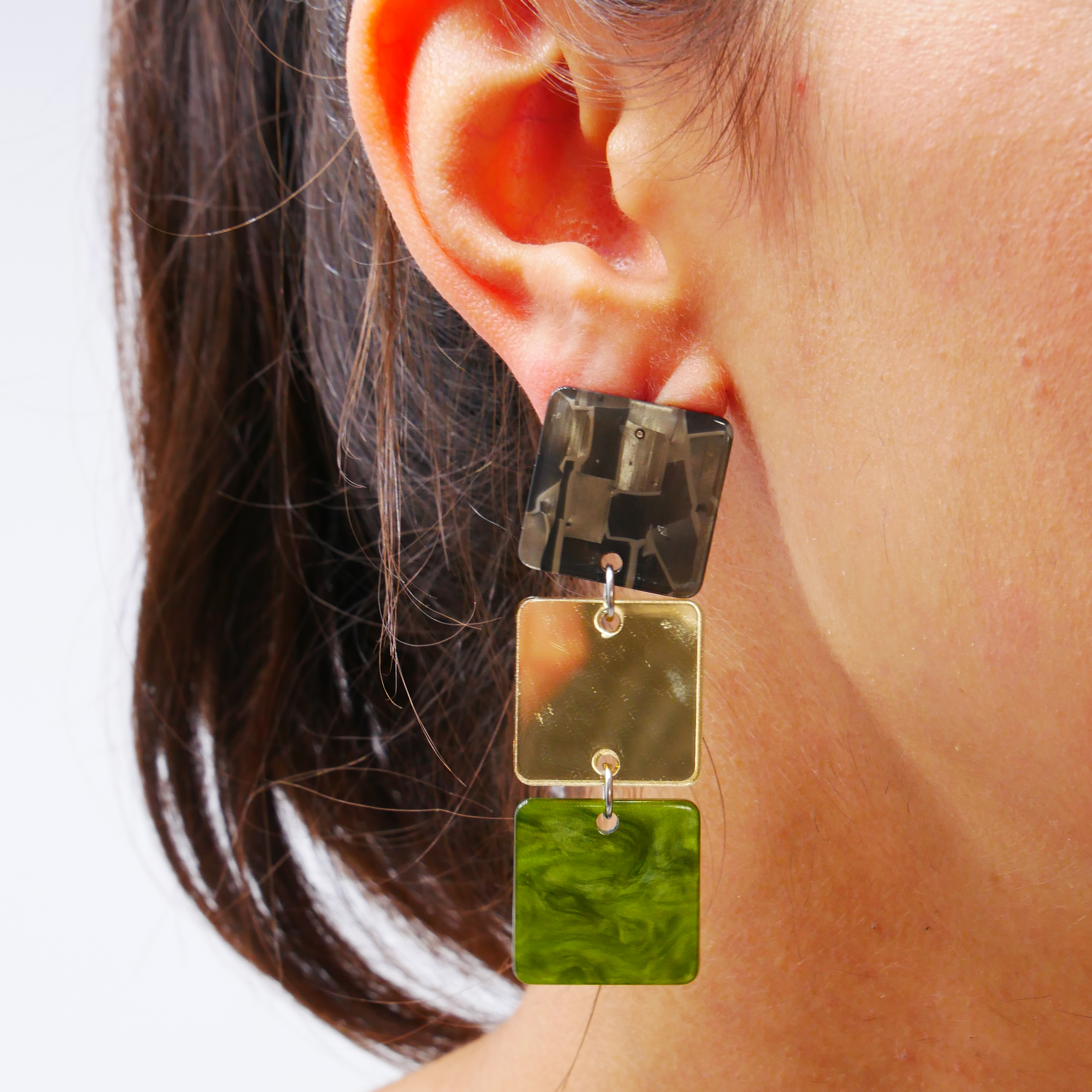 "Color Explosion", stud earrings 3 flat squares 20mm grey "Color Explosion", stud earrings 3 flat squares 20mm grey